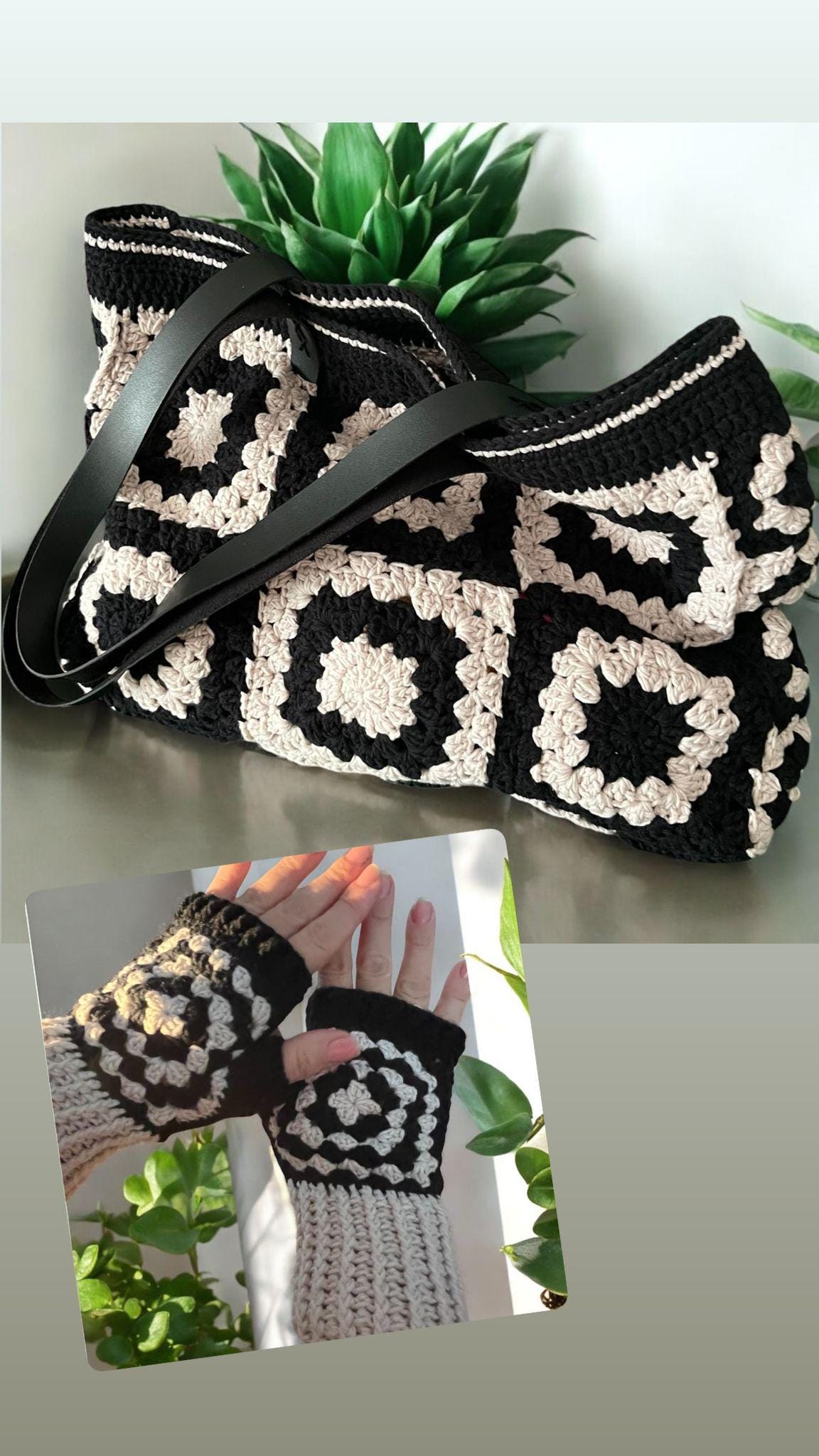 Black &amp; Cream Crochet Tote Bag with Leather Handles