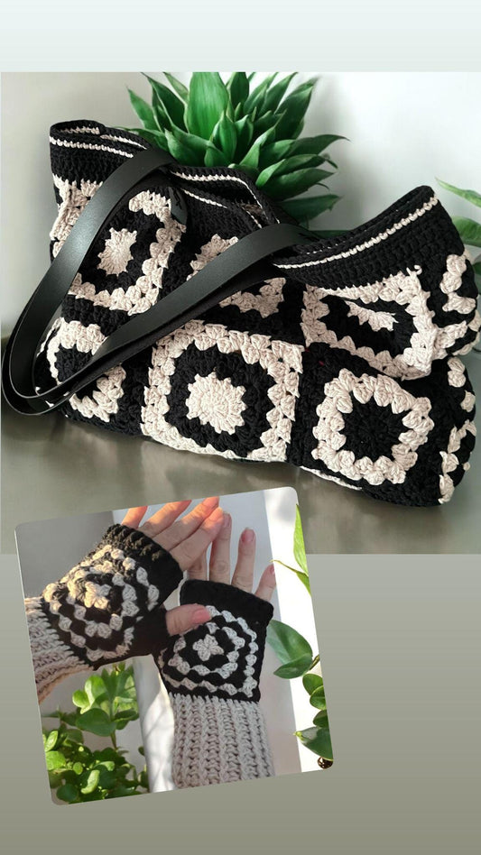 Black &amp; Cream Crochet Tote Bag with Leather Handles