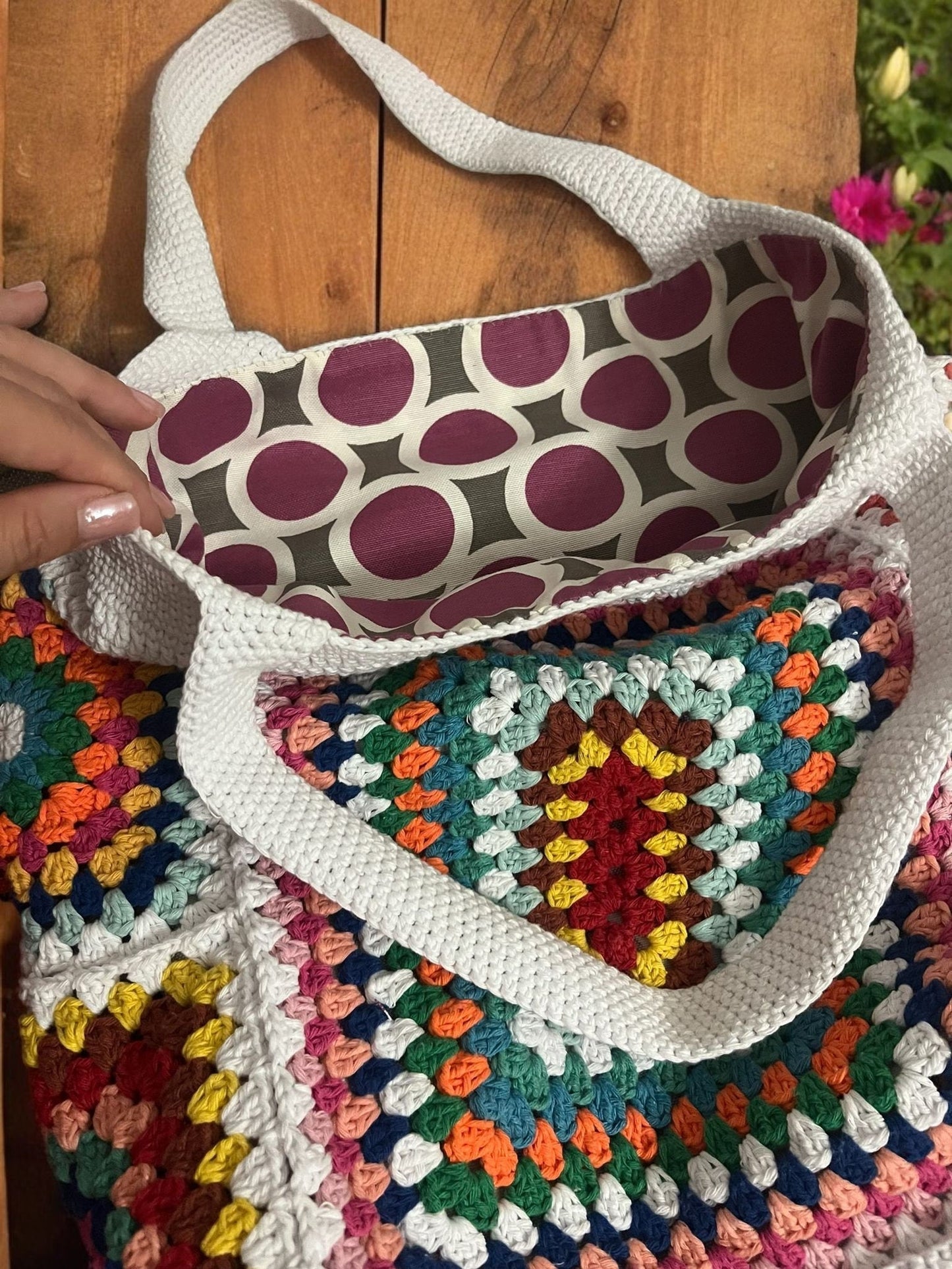 Crochet Granny Square Tote Bag: Colorful Boho Beach Bag
