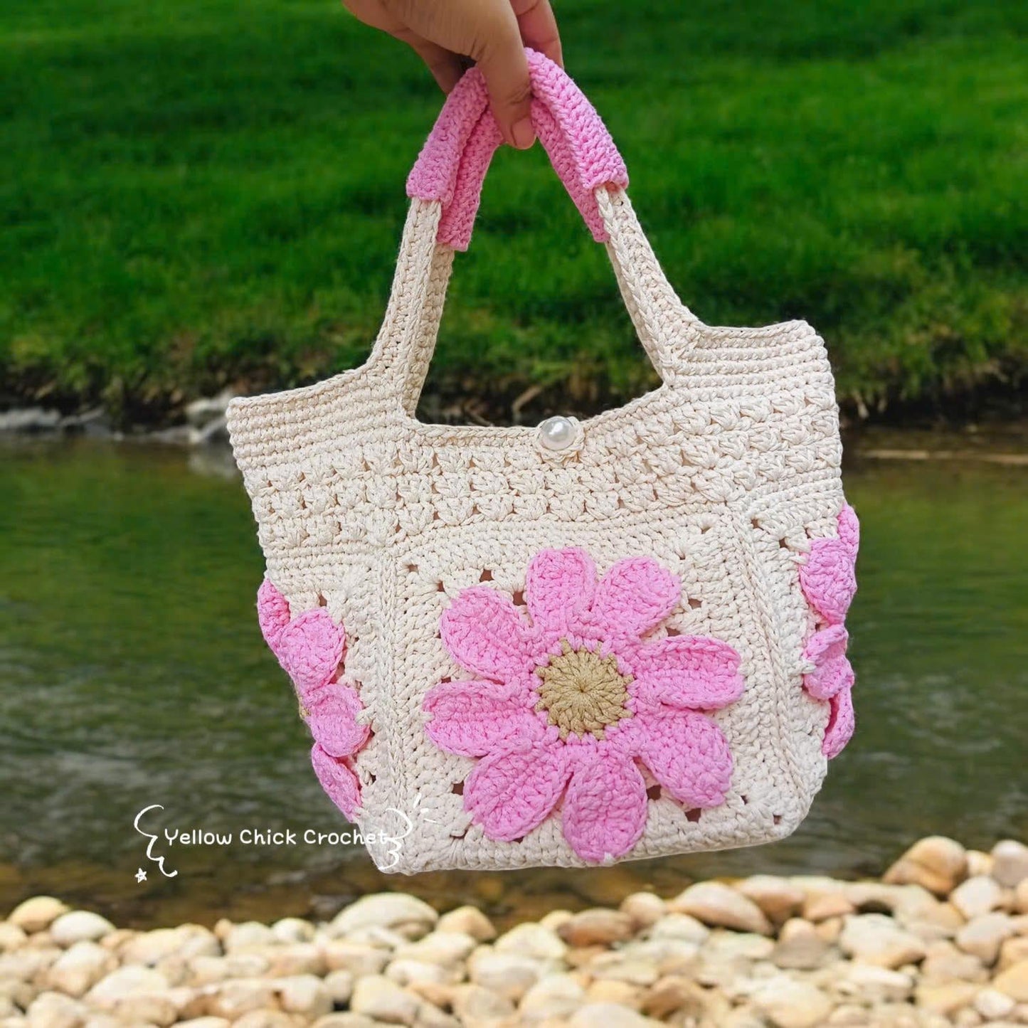 Tote bag, Crochet Granny square bag, handmade handle bag, pink flower summer beach bag, birthday gift, gift for her, Valentine Gifts
