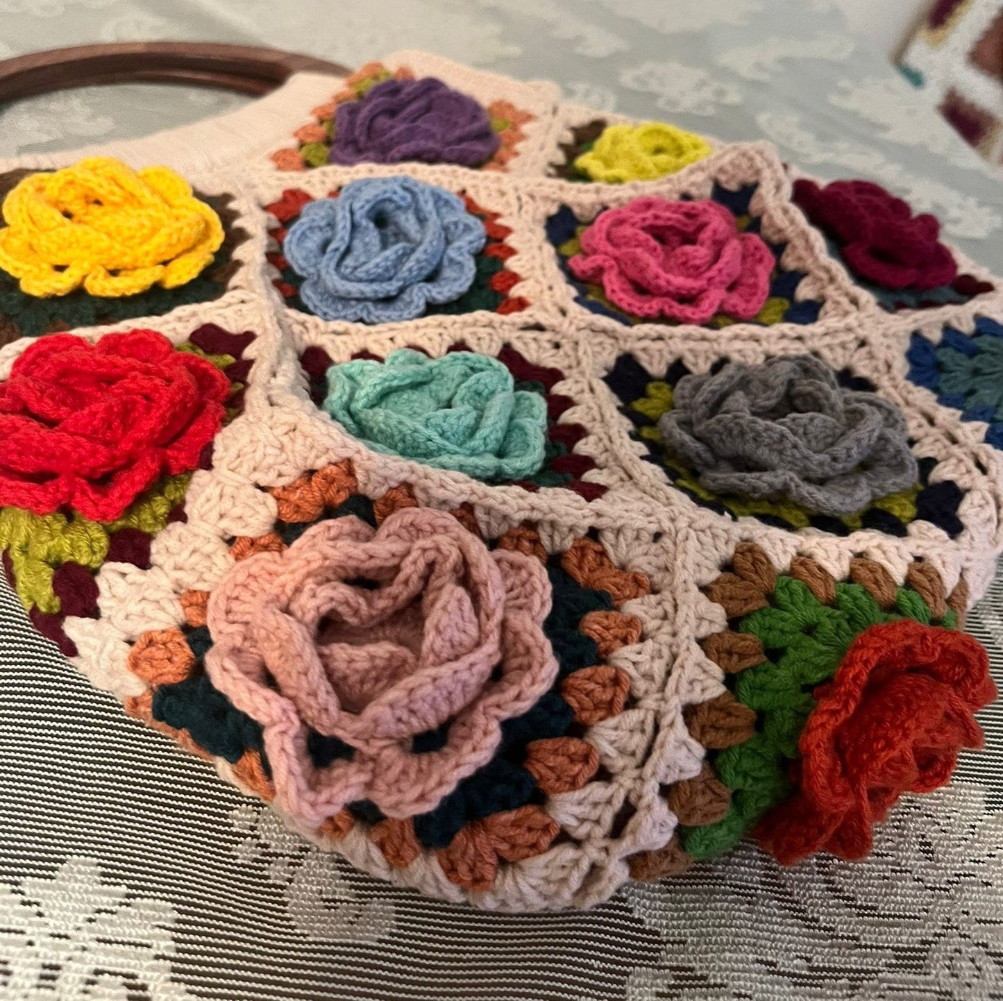 Vintage style rose granny squares crochet bag wooden frame unique special day present