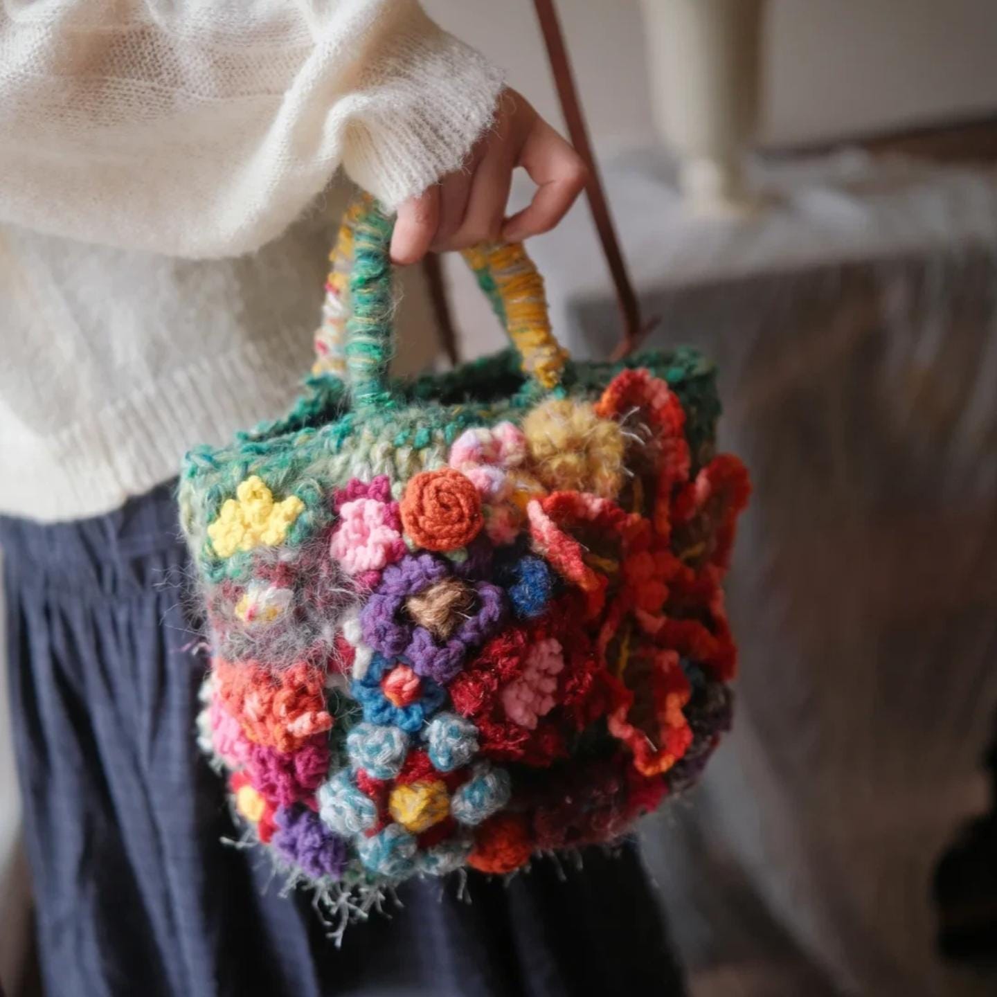 Original Crochet Flower Tote, Hand-Knitted Wool Blend Bag,Floral Applique Purse, Artistic Shoulder Bag, Gift for Her, Wedding Guest Bag