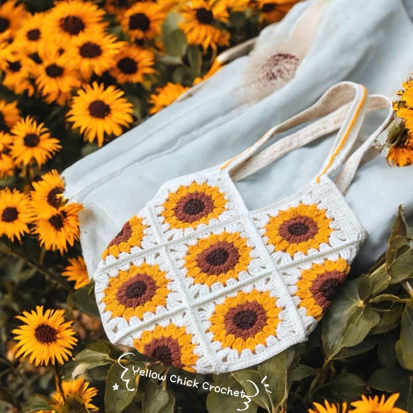 Crochet Sunflower Granny Square Bag, Handmade Yellow Flower Tote, Custom color, New Year Bag, Christmas Bag, Xmas Gift
