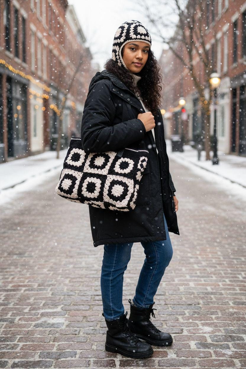 Black &amp; Cream Crochet Tote Bag with Leather Handles