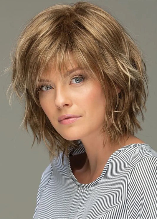 Messy Look Women's Shoulder Length Style Features Choppy Layers Wavy Human Hair Wigs Lace Front Wigs 10Inch