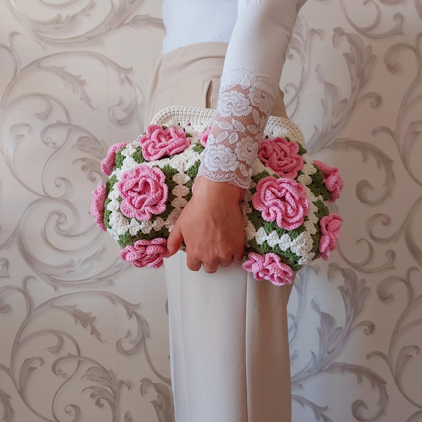 Handmade Crochet Granny Square Bag: 3D Rose Kisslock Clutch, Valentine Tote Bag