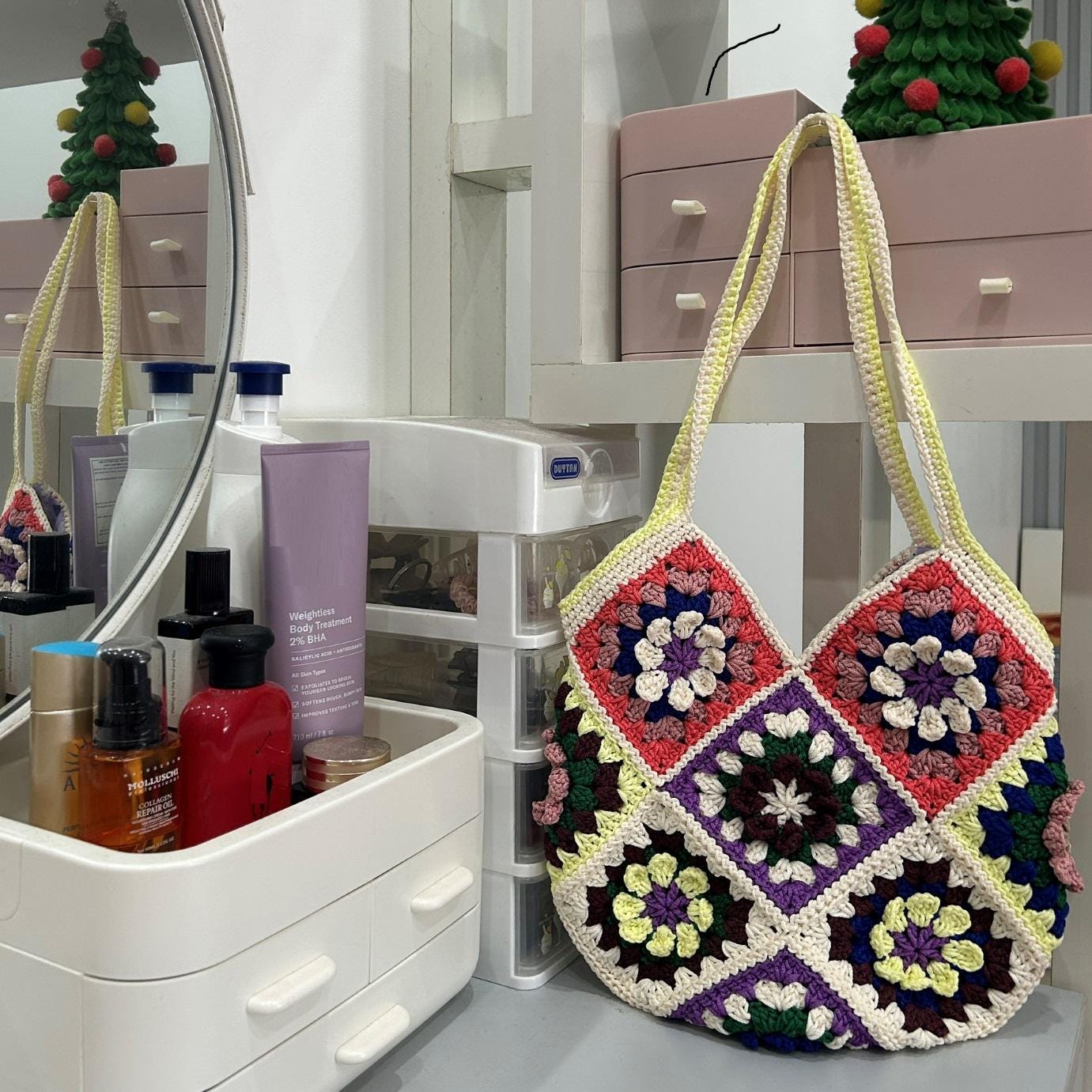 Handmade Crochet Granny Square Tote Bag: Colorful Boho Shoulder Bag