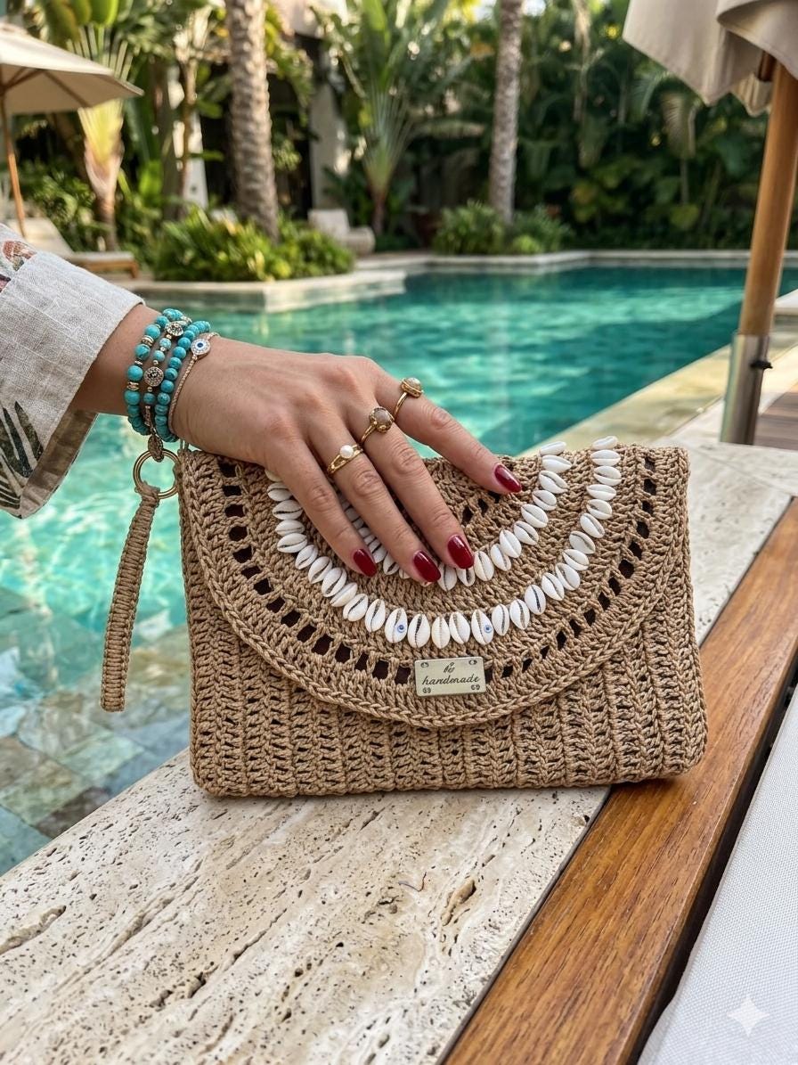 Crochet Sea Shell Clutch: Handmade Raffia Bag with Cotton Lining