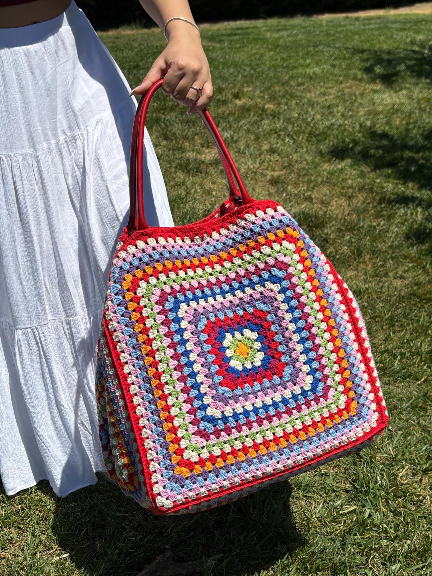 XXL Crochet Granny Square Tote: Leather Handles, Boho Weekender, Spring Style Bag