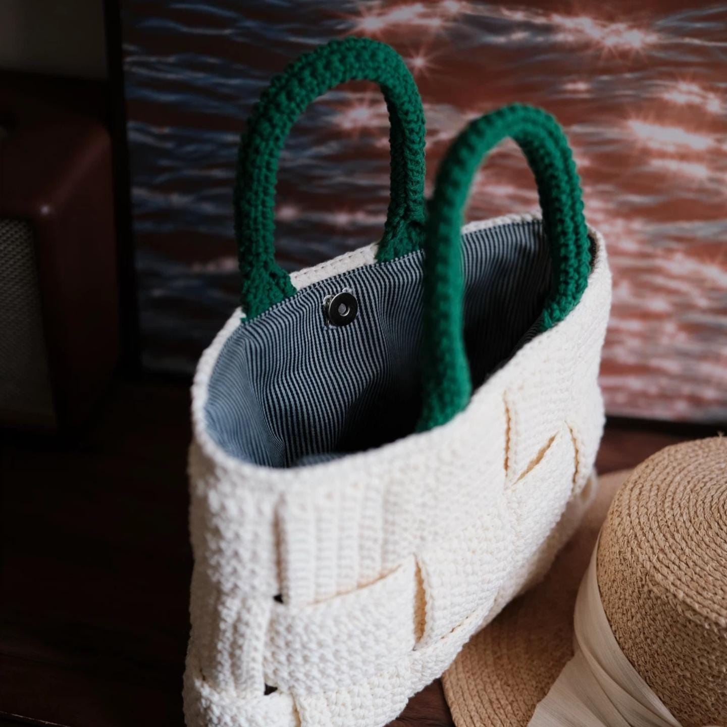 Handmade Woven Crochet Tote Bag - Cream Textured Basket Weave Shoulder Bag with Heavy-Duty Structure and Striped Fabric Lining, Gift for her