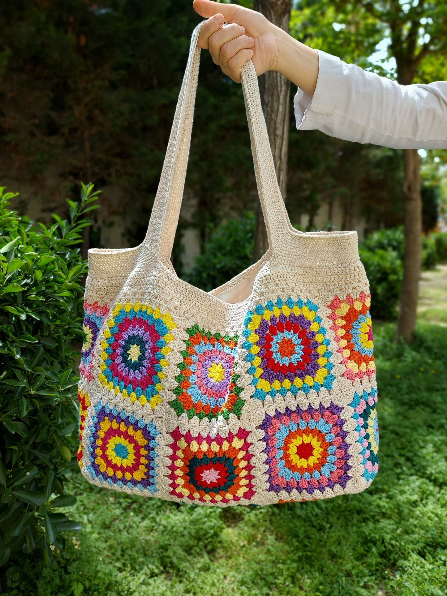 Granny Square Crochet Tote Bag: Colorful Hippie Shoulder Bag