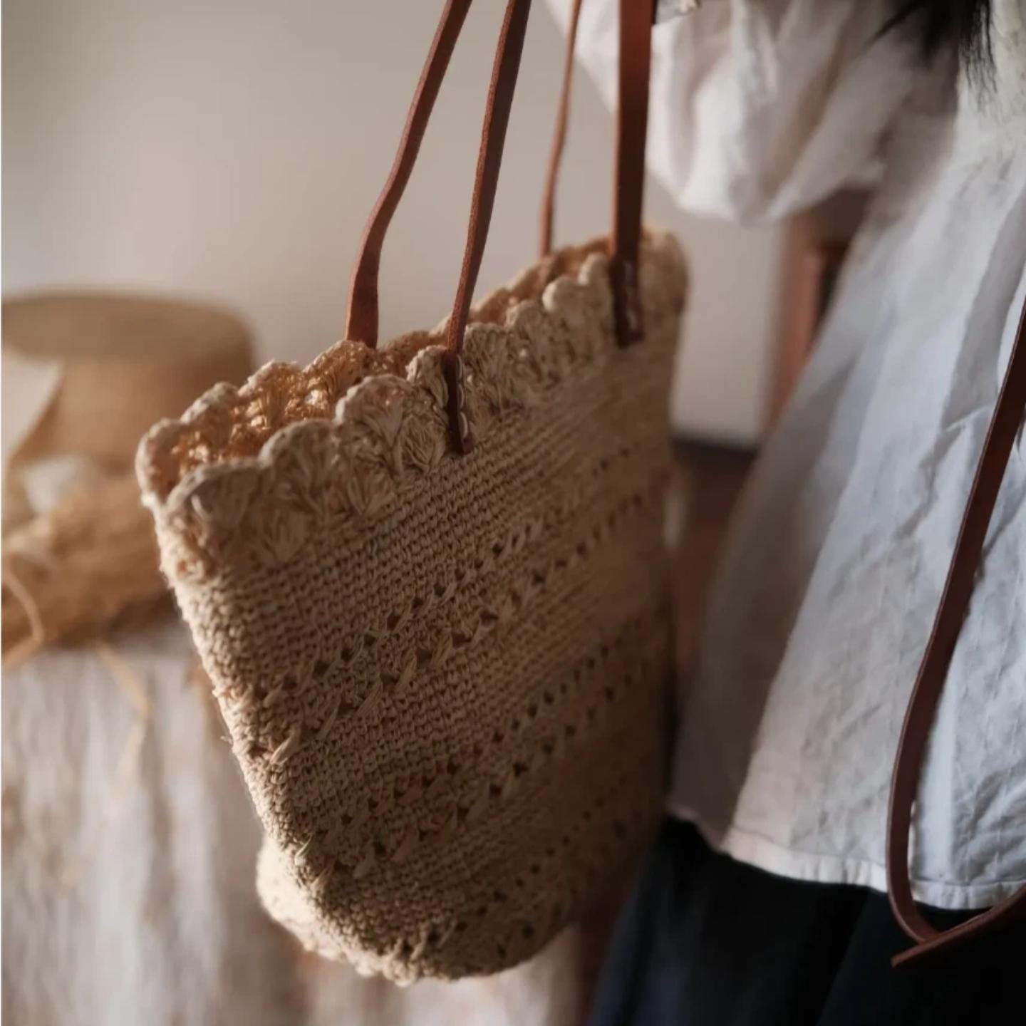 Handmade Raffia Tote Bag with Leather Lily of the Valley Charm Set, Crochet Beach Bag with Lining, Boho Purse Gift for Her