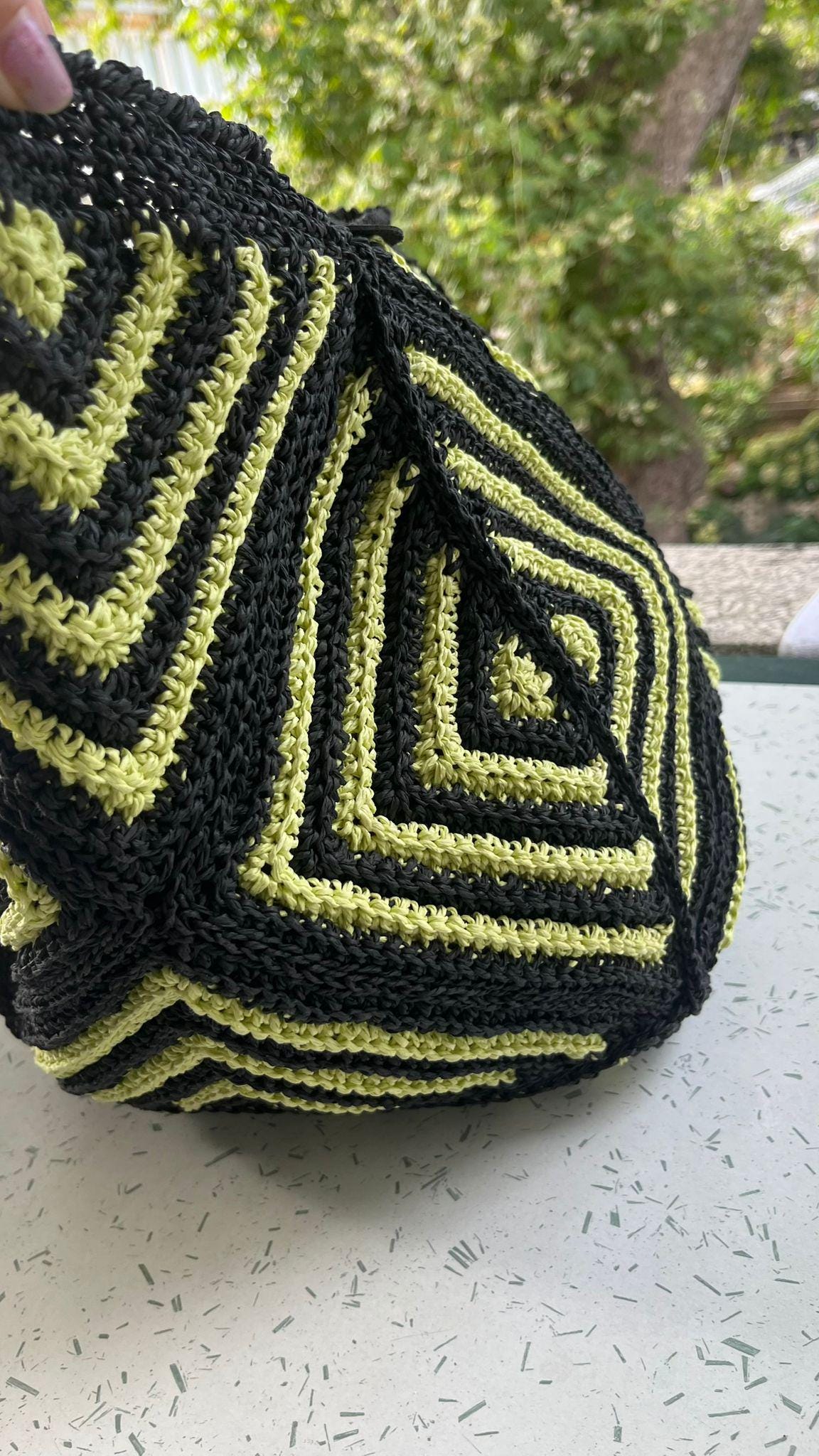 Handmade Black  and Yellow Geometric Crochet Bag â€?Beach &amp; Everyday Tote