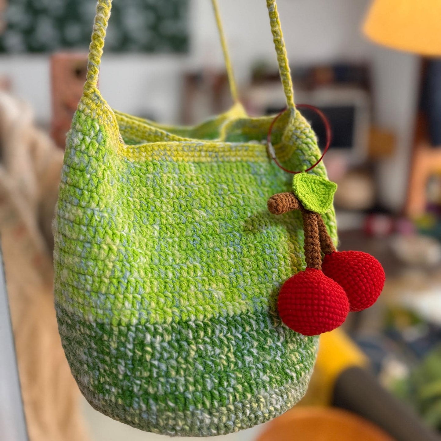 Handmade Crochet Tote Bag, Cherry Charm Cotton Shoulder Bag, Handbag Gift for Her