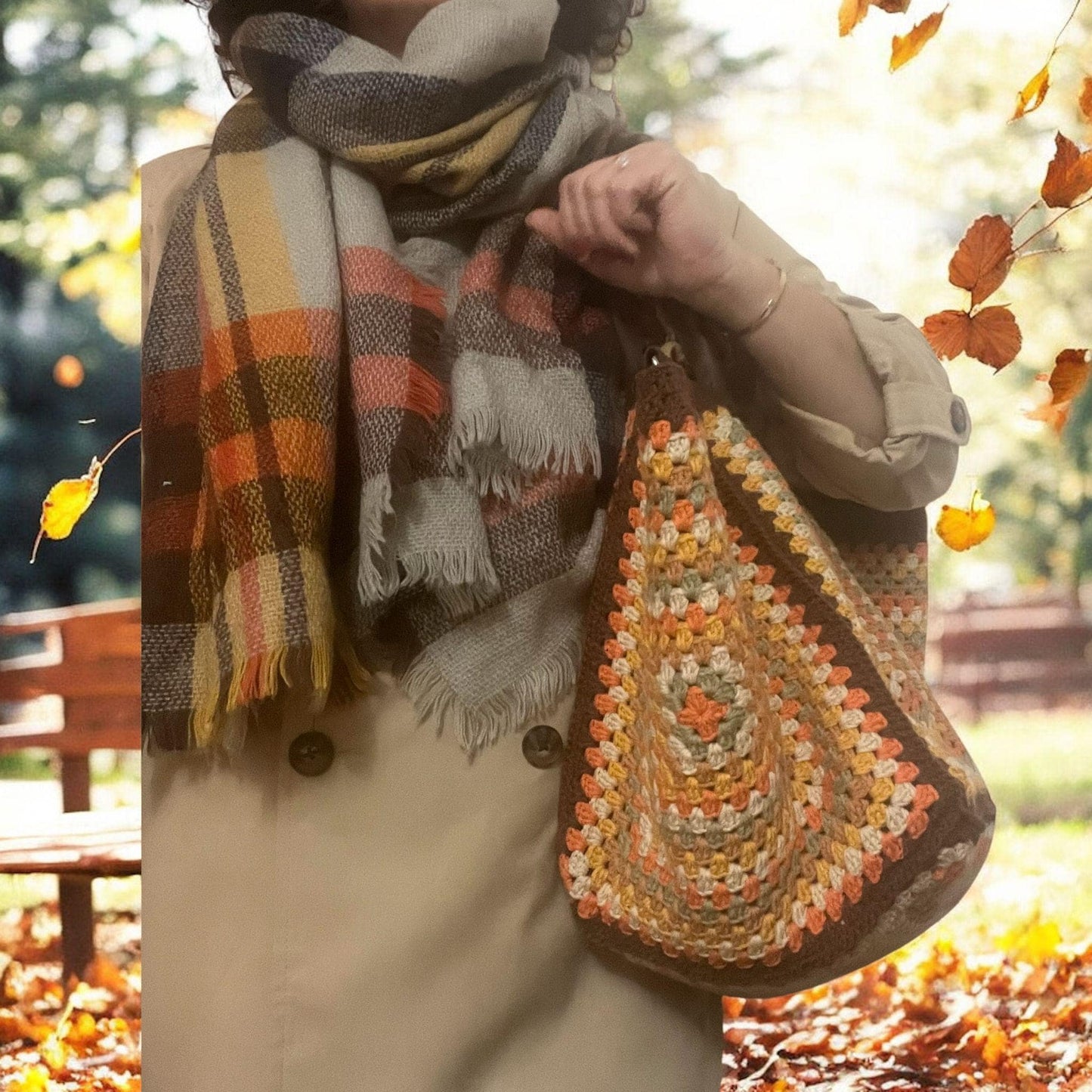 XXL Granny Square Crochet Bag: Autumn Colors, Leather Handles