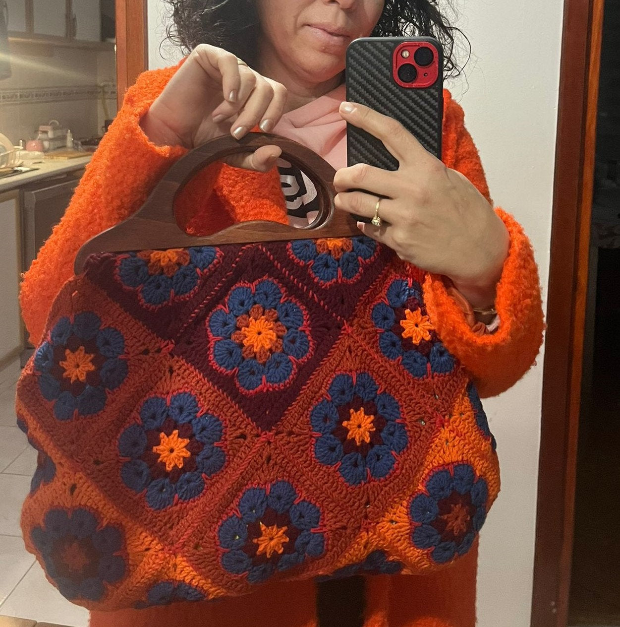 Boho Crochet Granny Square Tote â€?Handmade Vintage Style Purse with Wooden Handles