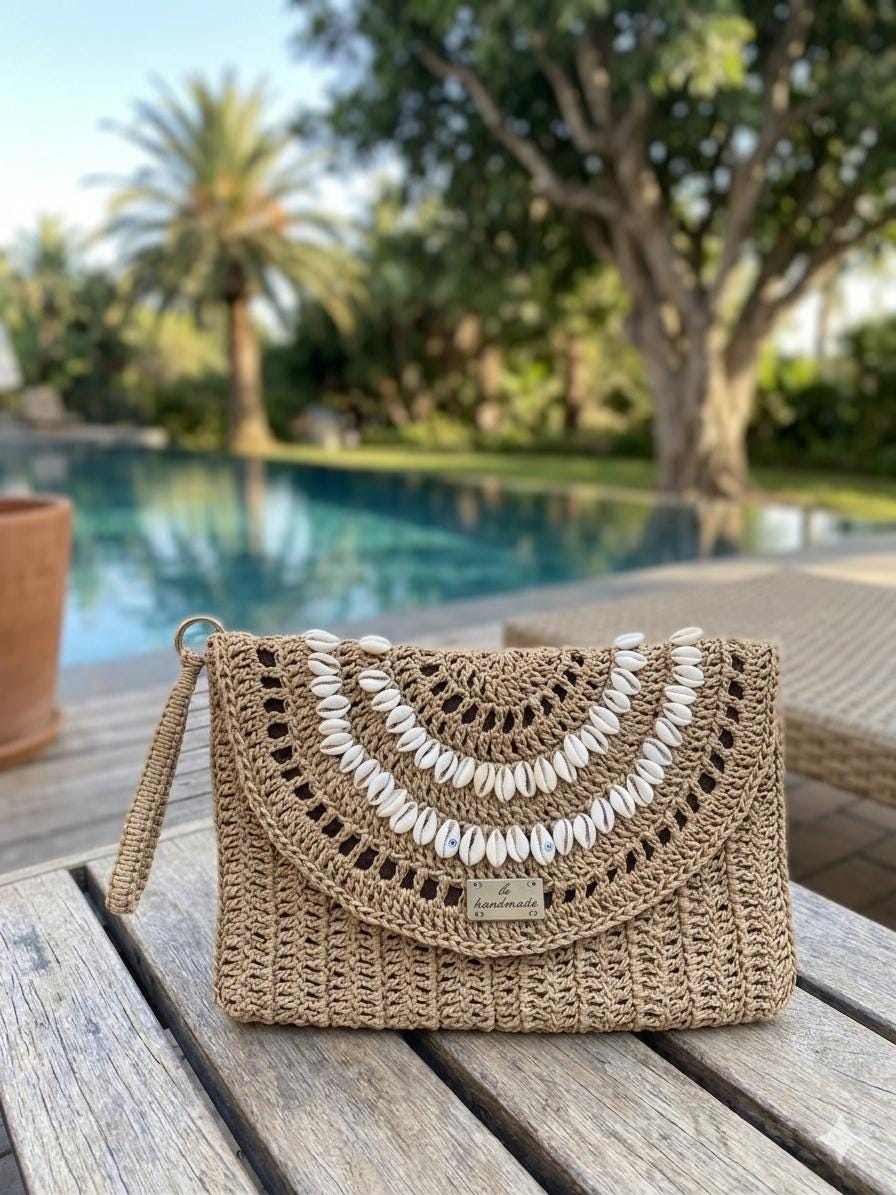 Crochet Sea Shell Clutch: Handmade Raffia Bag with Cotton Lining