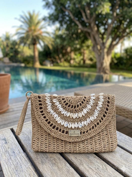 Crochet Sea Shell Clutch: Handmade Raffia Bag with Cotton Lining