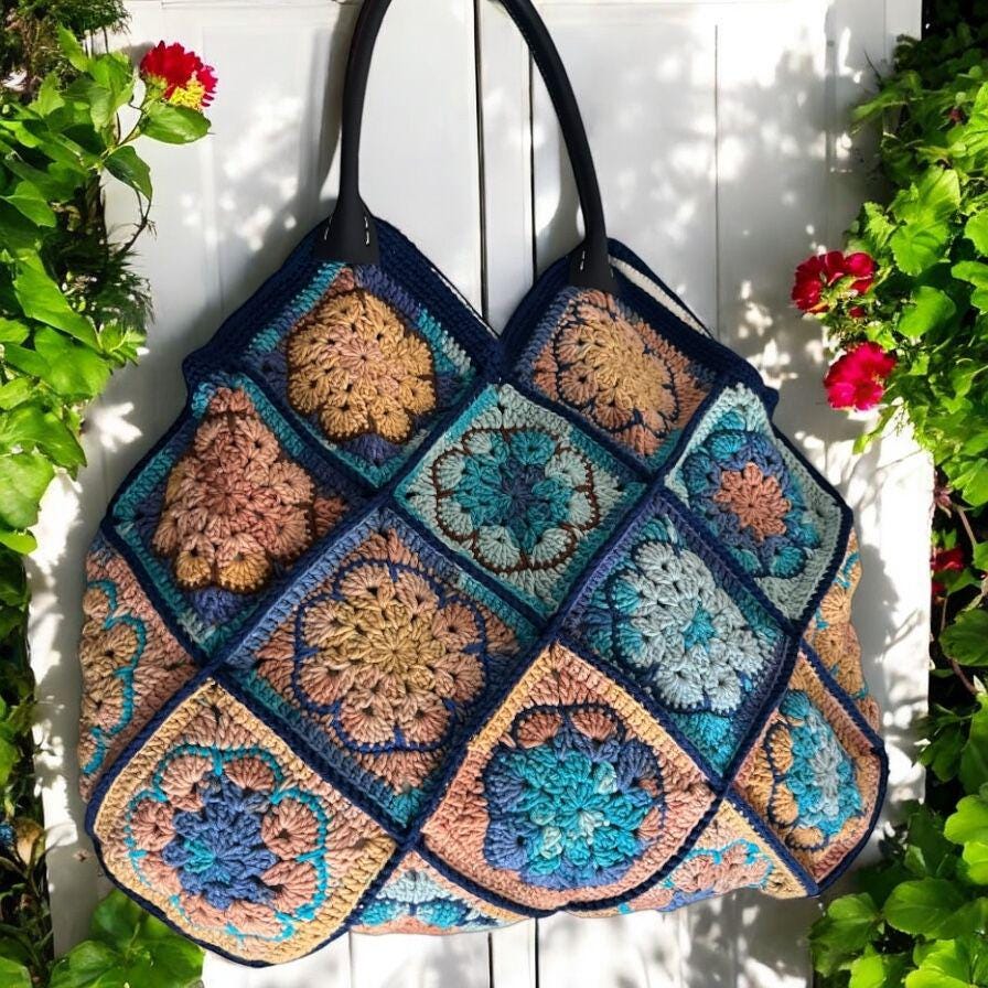 Handmade Crochet Bag: Colorful Granny Square Tote with Leather Handles