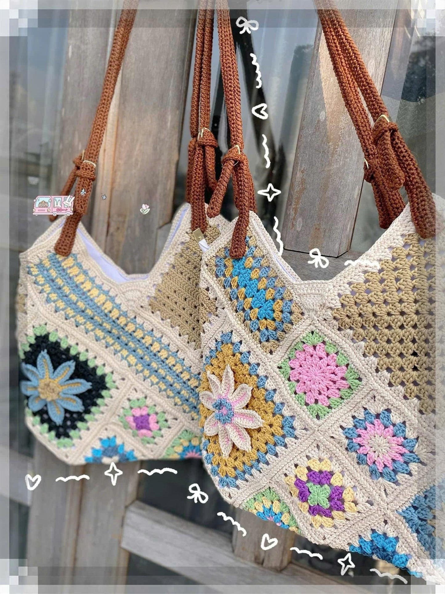 Handmade Crochet Patchwork Tote Bag, Warm Autumn Colors, Lined - Zippered, Mother's Day Gift, Floral Square Bag, Easter Gift