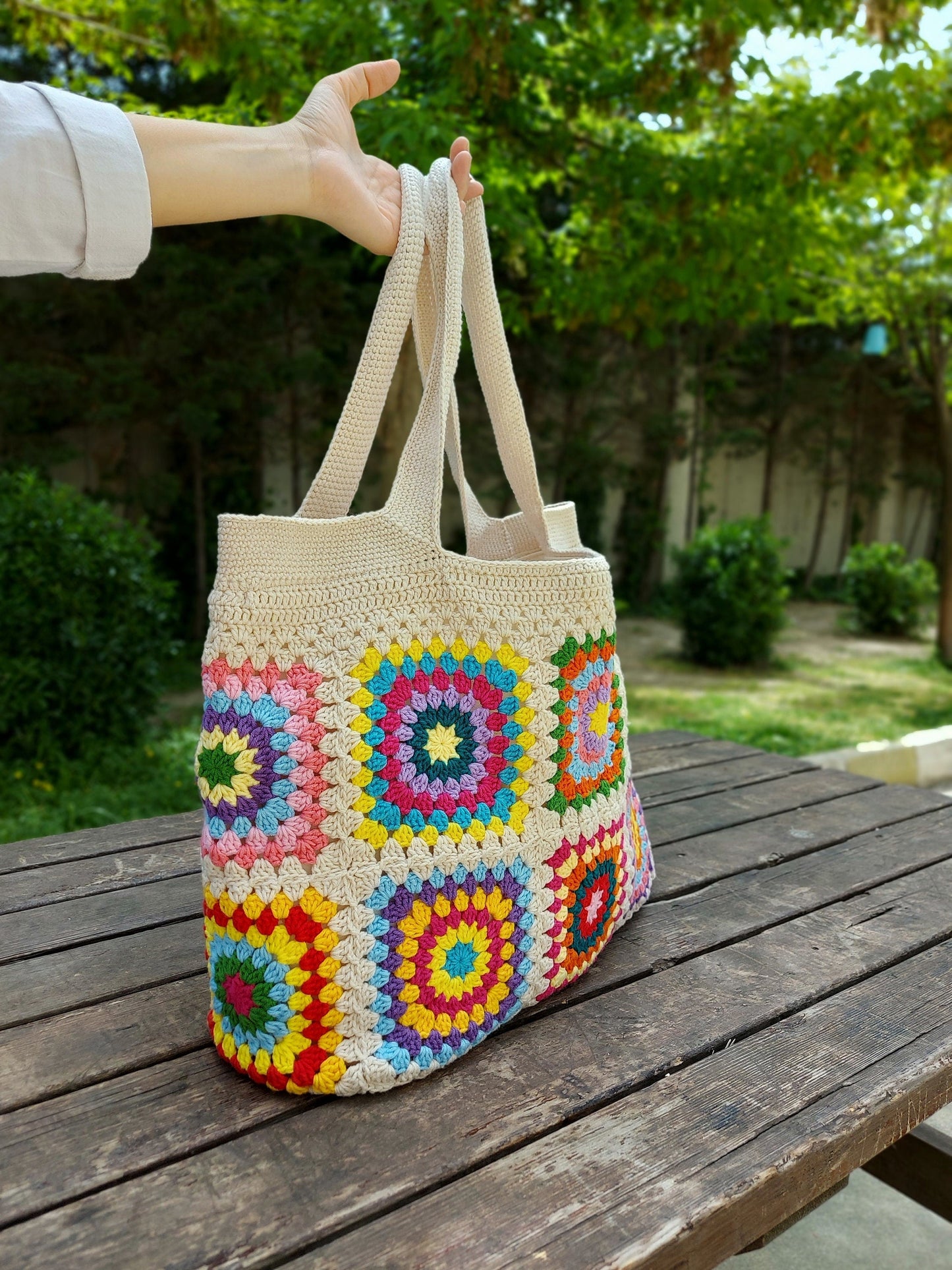 Granny Square Bag, Crochet Handle Bag, Crochet Bag, Shoulder Tote Bag, Handbags for Woman