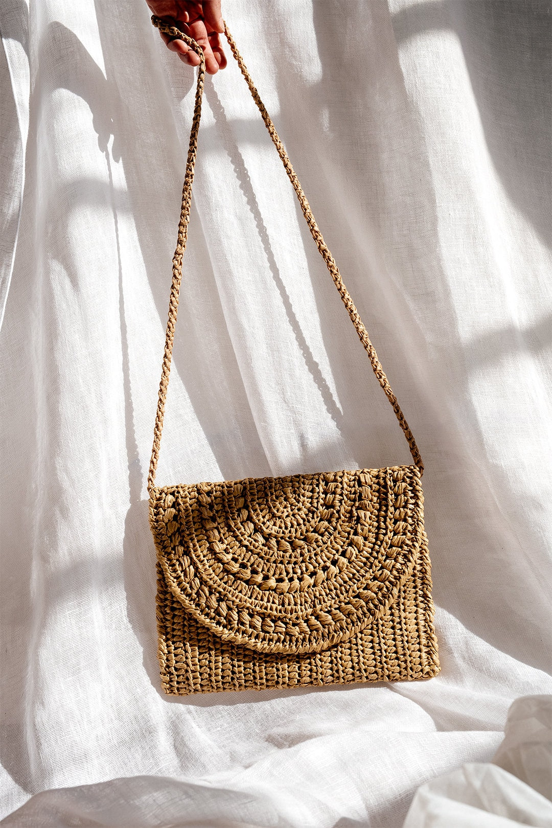 Crochet Raffia Clutch in Tan, Straw Summer Bag, Raffia Clutch Handbag, Tan Crochet Summer Bag, Crochet Straw Clutch  — Marigold Bag