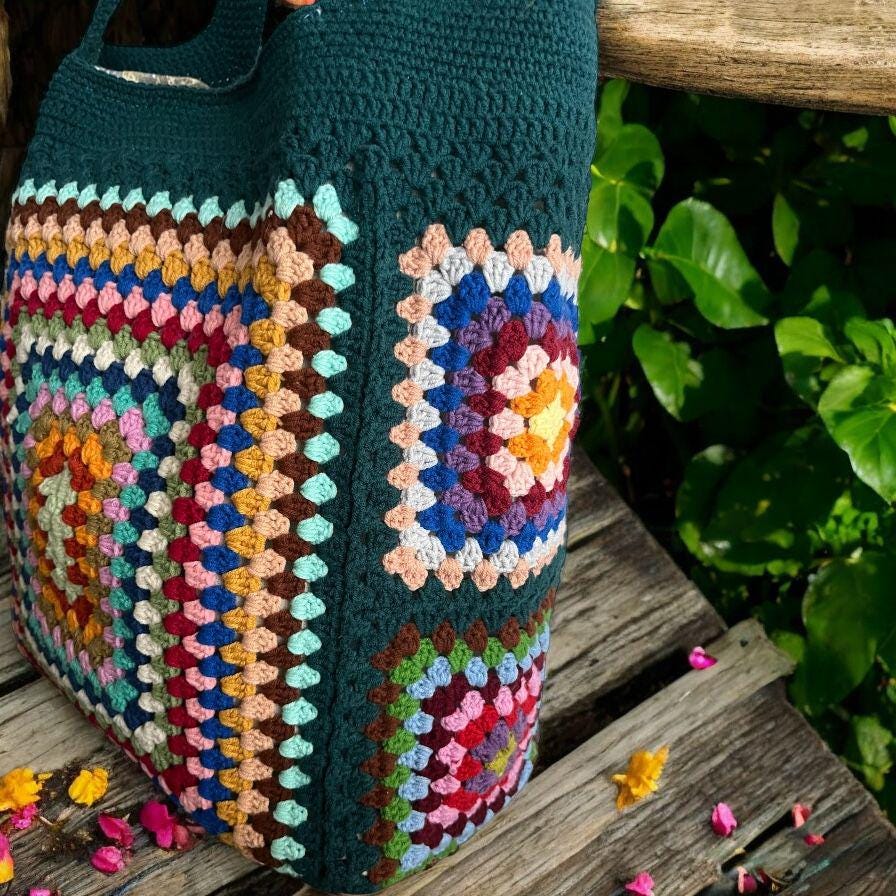 Crochet Granny Square Tote Bag: Colorful Boho Beach Bag