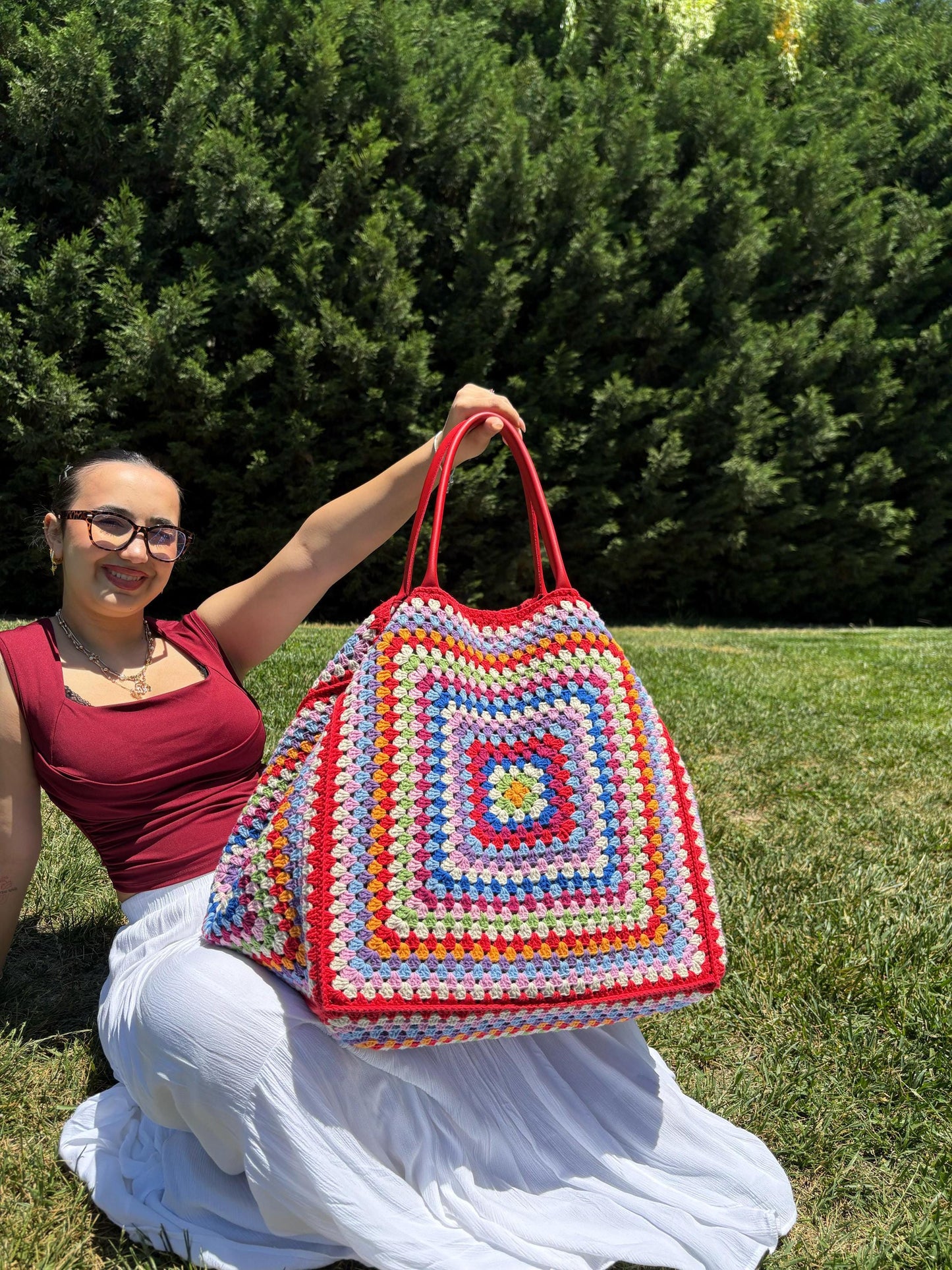 XXL Crochet Granny Square Tote: Leather Handles, Boho Weekender, Spring Style Bag