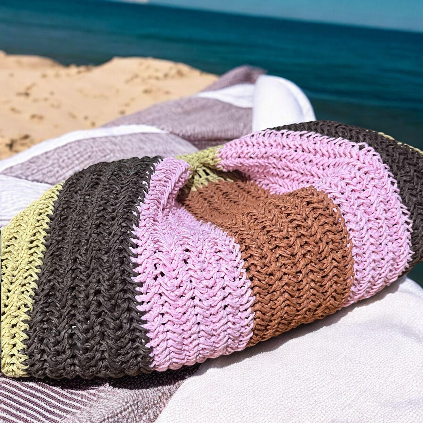 Striped Raffia Crochet Bag: Handmade Paper Rope Handbag