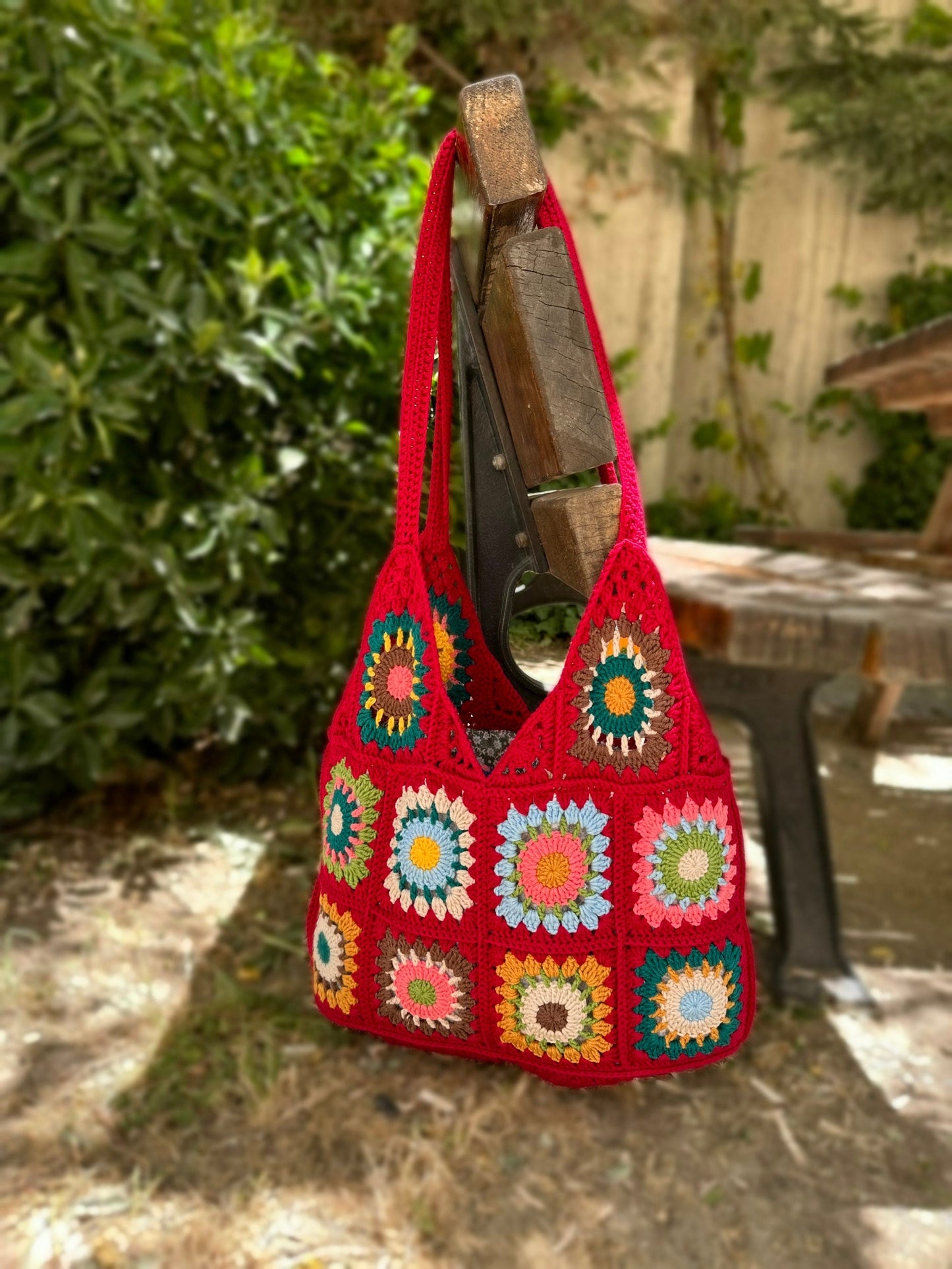 Crochet Granny Square Tote Bag: Red Boho Shoulder Bag, Handmade Hobo Bag