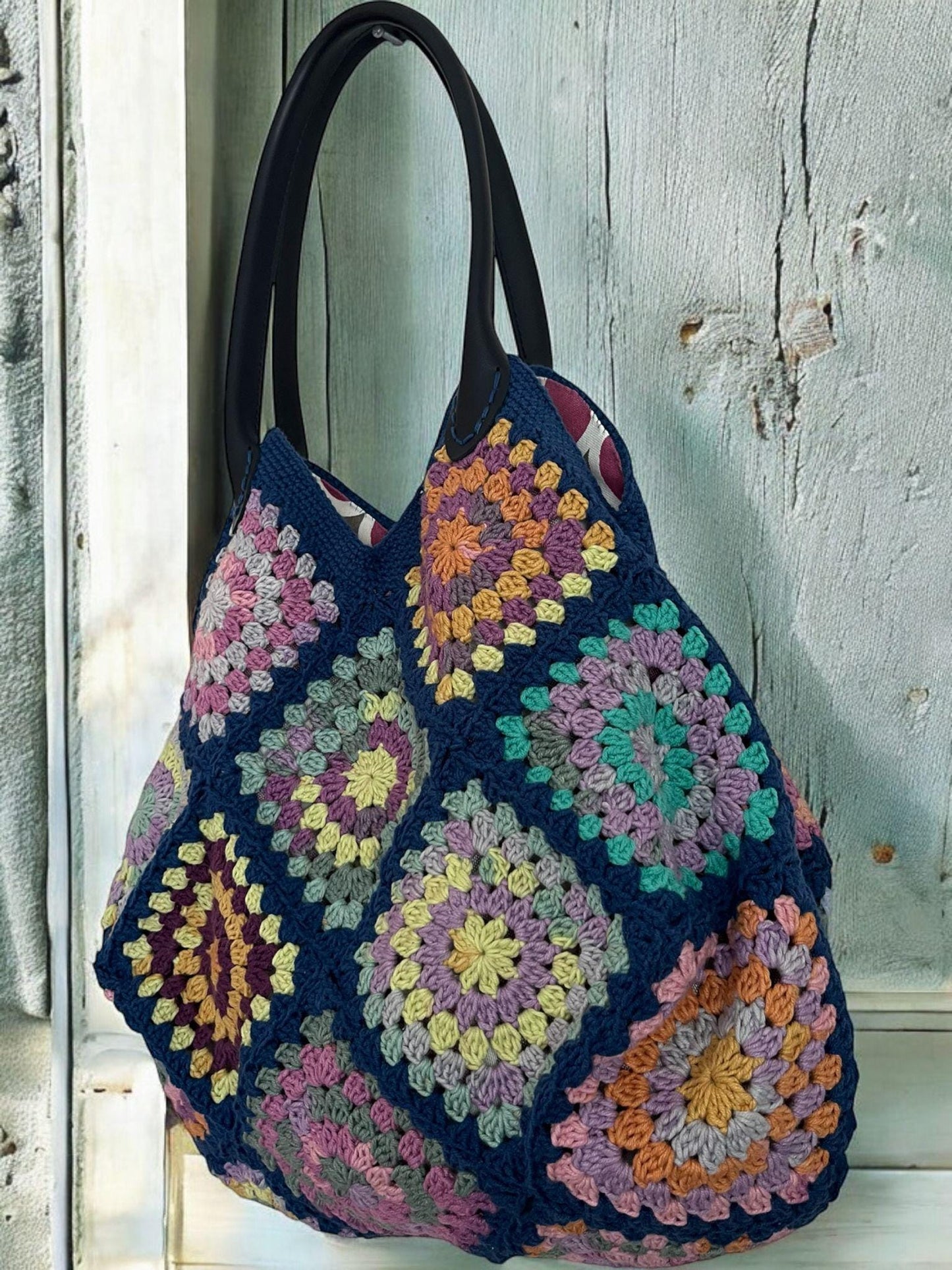 Navy Blue Crochet Bag: Handmade Granny Square Tote with Leather Handles