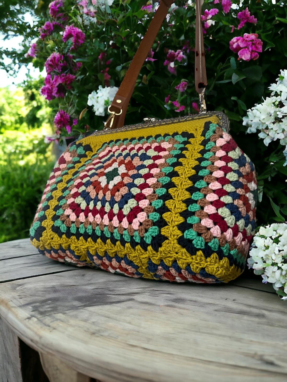 Handmade Granny Square Crochet Clutch: Vintage Style Purse with Adjustable Strap crochet bag