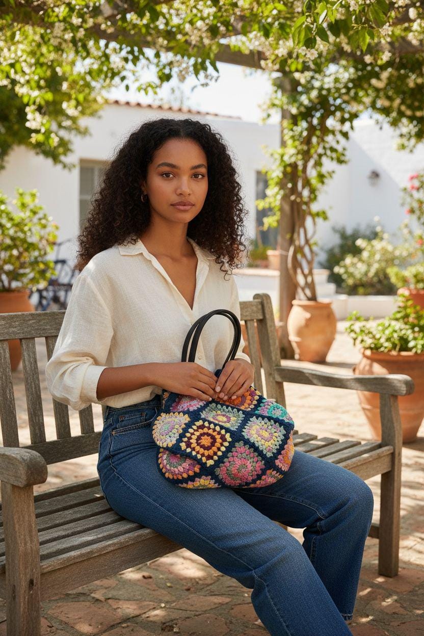 Navy Blue Crochet Bag: Handmade Granny Square Tote with Leather Handles
