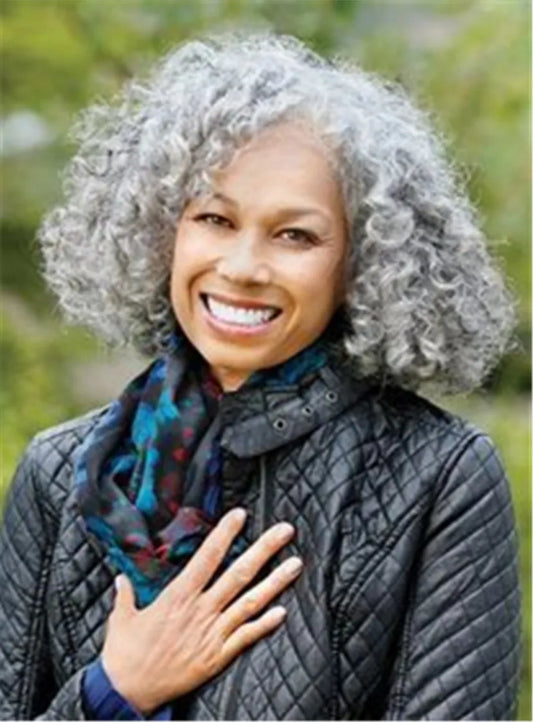 Salt and Pepper Hair Medium Length Side Parting Curly Style Human Hair Full Lace Wigs