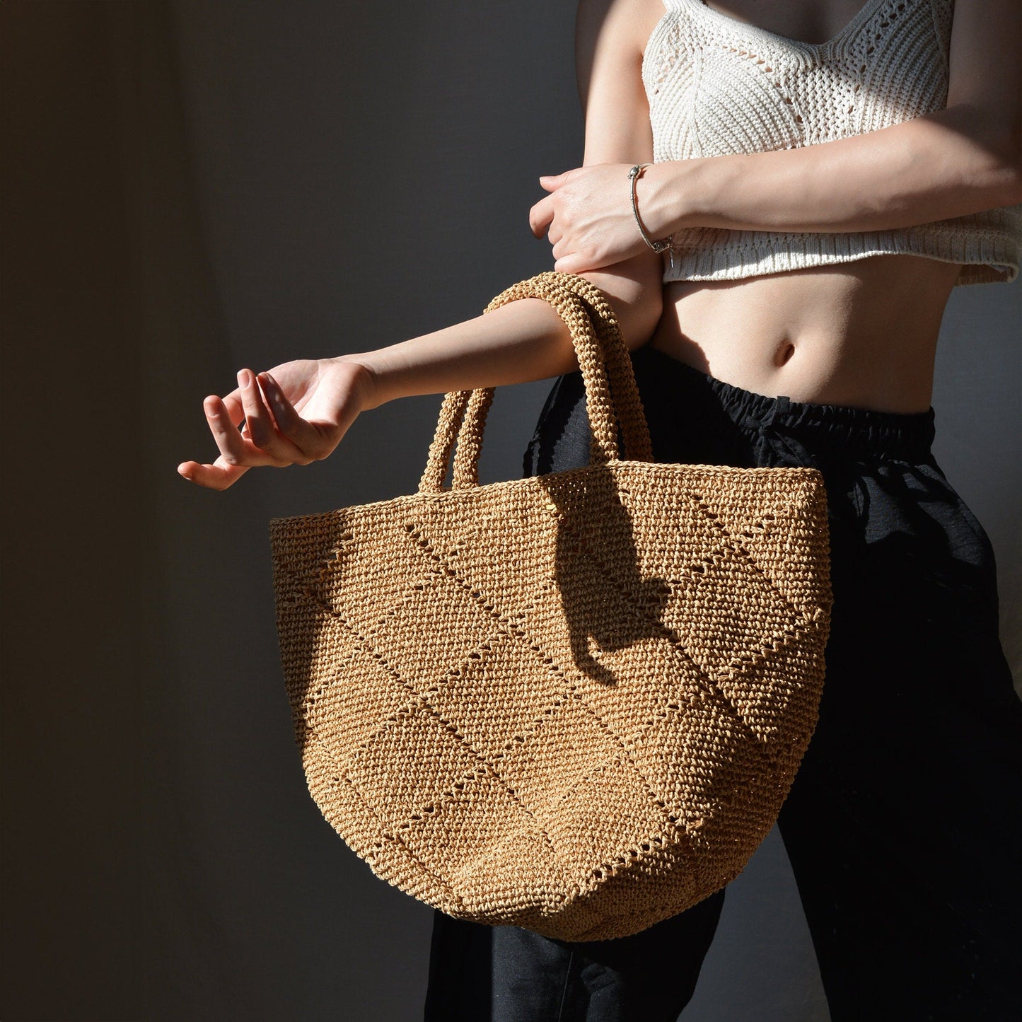Crochet Raffia Tote Bag for Summer, Brown Lightweight Beach Shoulder Bag, Straw Shoulder Bag, Handcrafted Stylish Tote Bag, Handmade Gifts