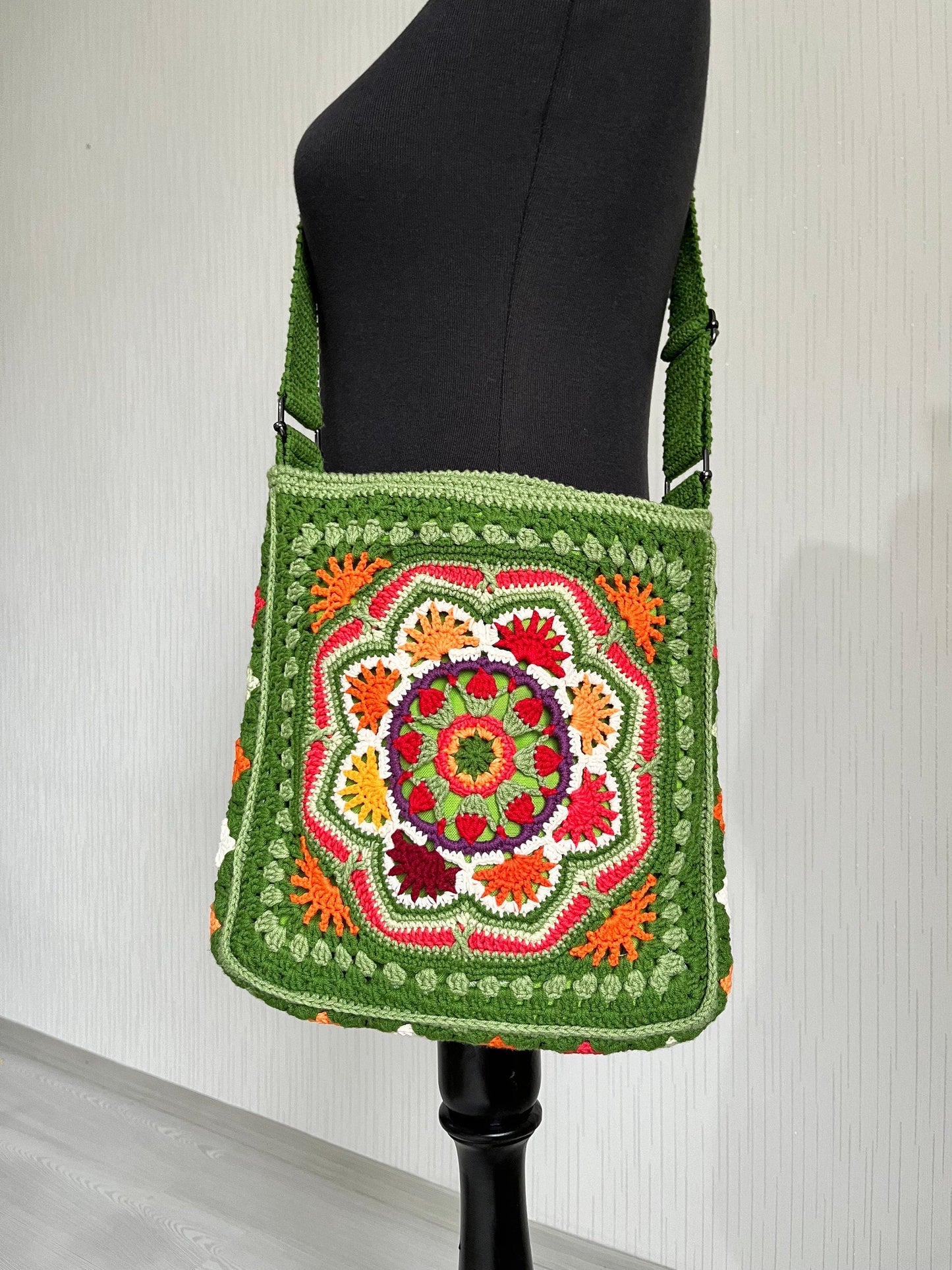 Handmade Crochet Crossbody Bag: Boho Green Cotton Shoulder Bag, Black Friday Gift