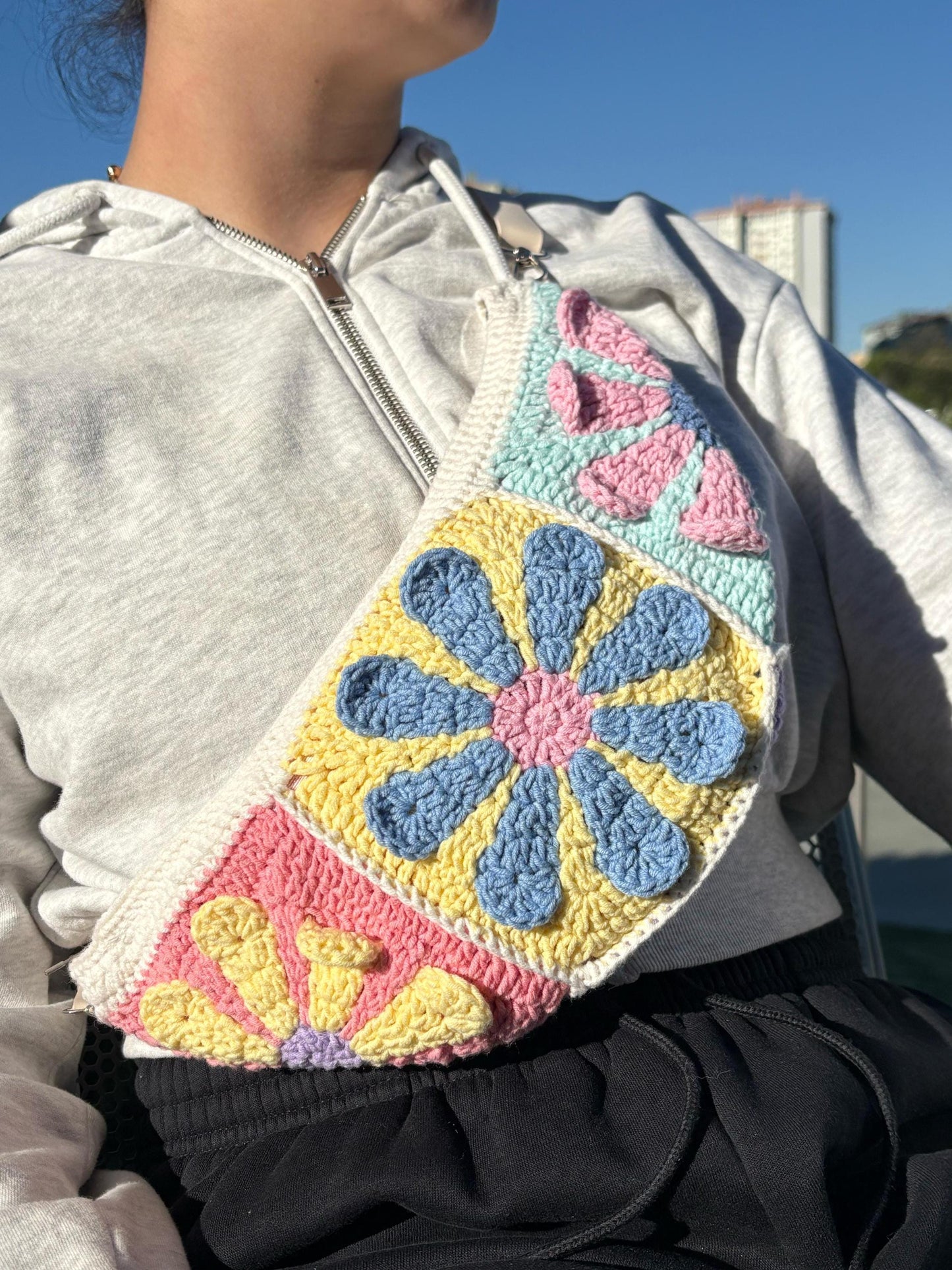 Crochet Granny Square Crossbody Bag: Bohemian Cotton Blend Bum Bag, Aesthetic Spring Style