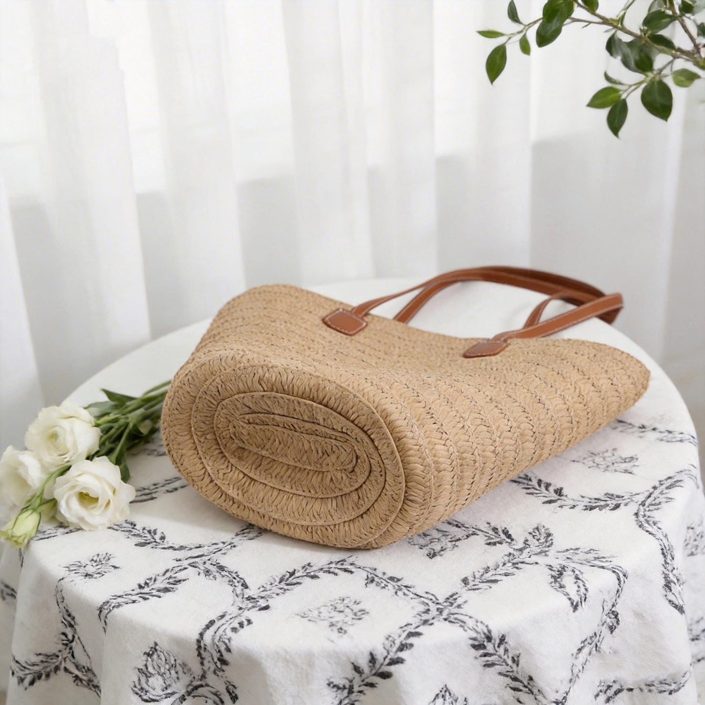 Handmade Straw Bag with Leather Handles | Summer Raffia Tote Hand Bag | Beach Vacation Purse