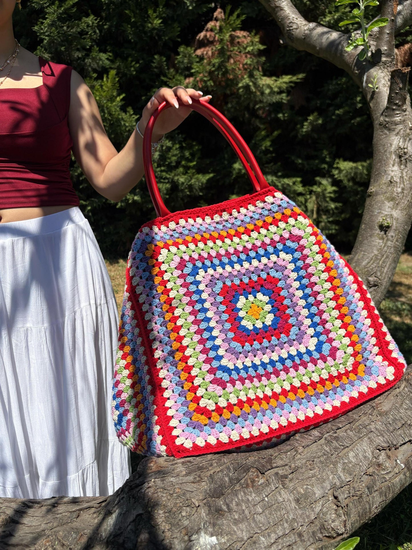 XXL Crochet Granny Square Tote: Leather Handles, Boho Weekender, Spring Style Bag