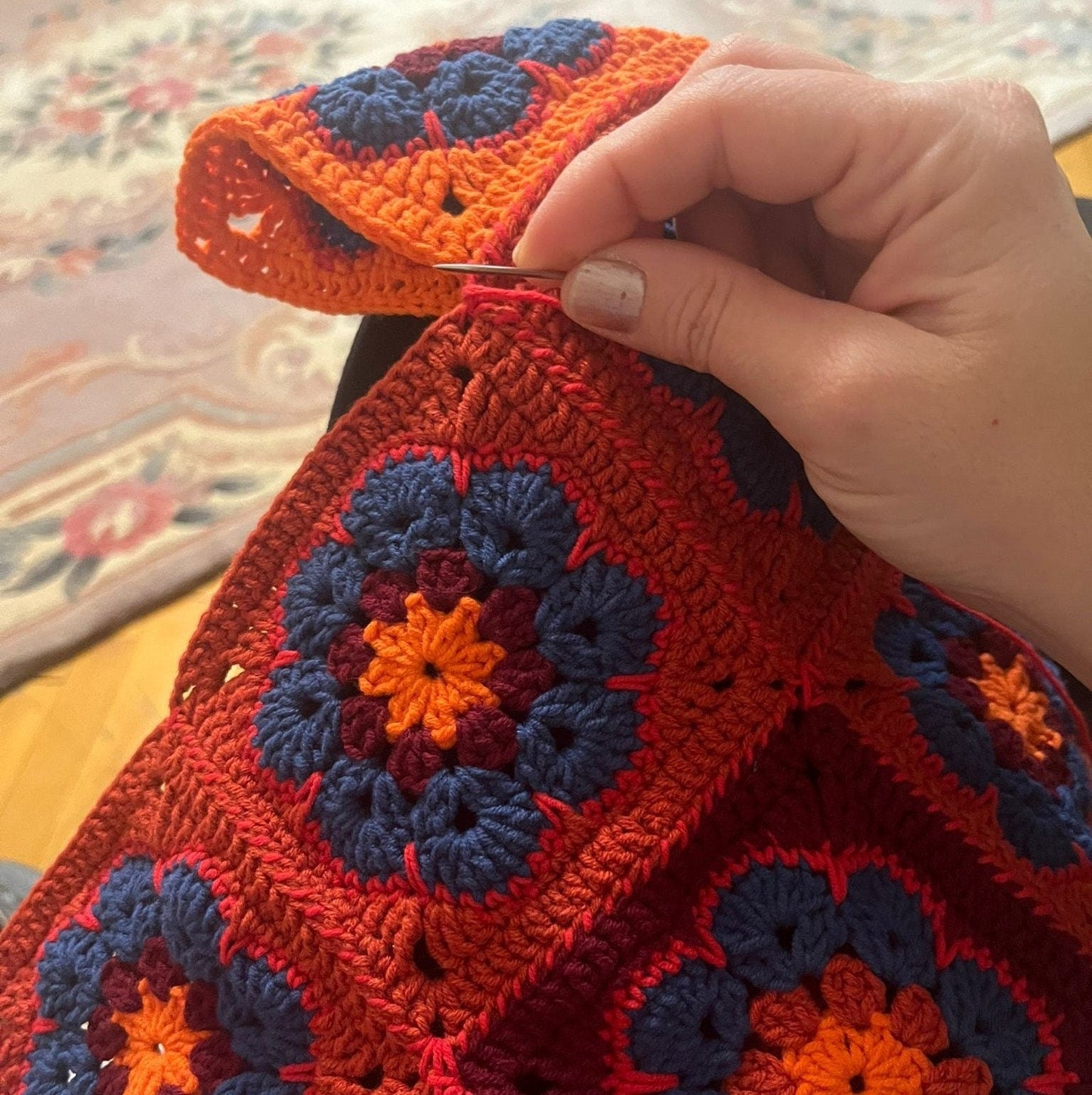 Boho Crochet Granny Square Tote â€?Handmade Vintage Style Purse with Wooden Handles