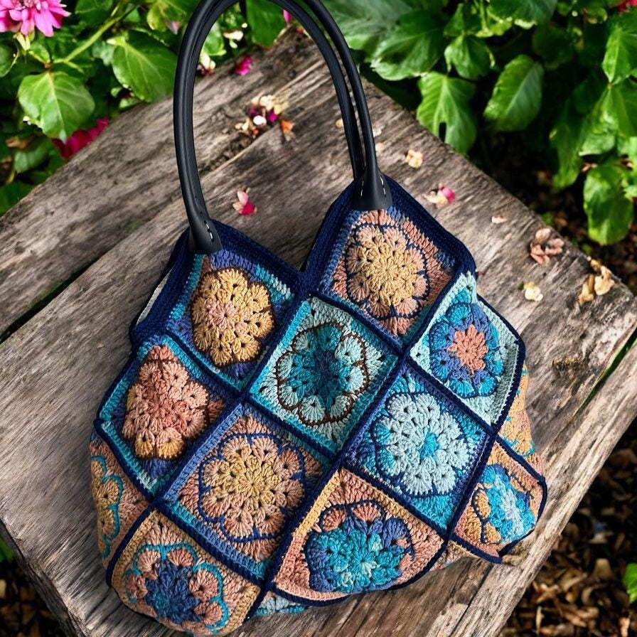 Handmade Crochet Bag: Colorful Granny Square Tote with Leather Handles