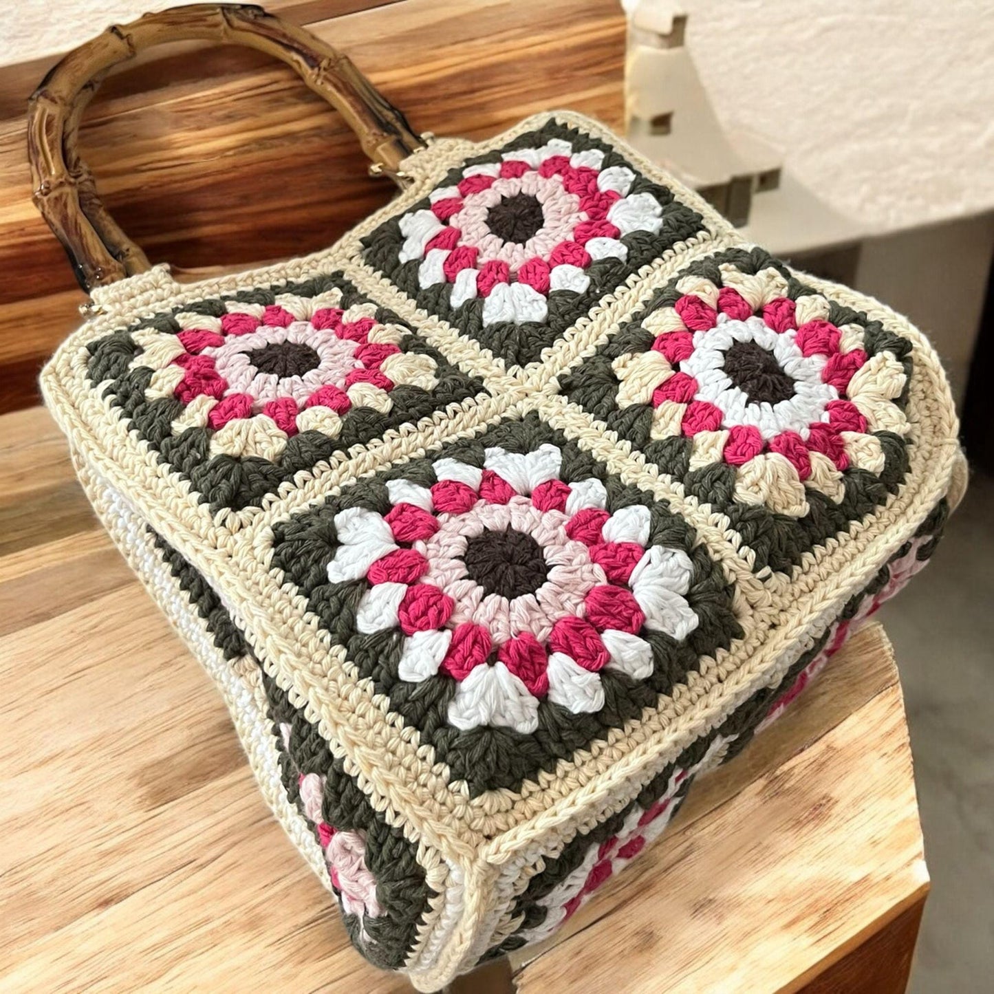 Crochet Granny Square Crossbody Bag: Blue Whisper Luna Loops, Bamboo Handle