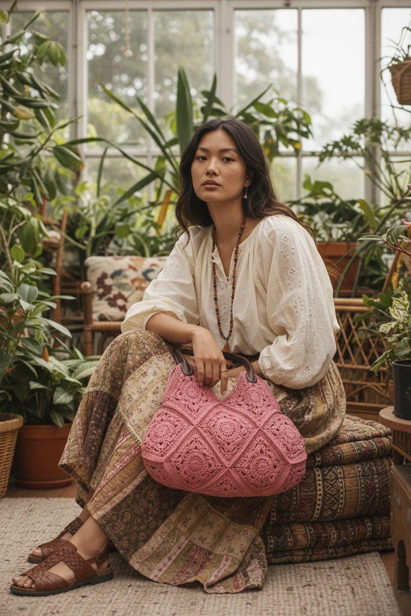Pink Crochet Tote Bag â€?Handmade Granny Square Shoulder Bag, Boho Floral Purse, Vintage Style