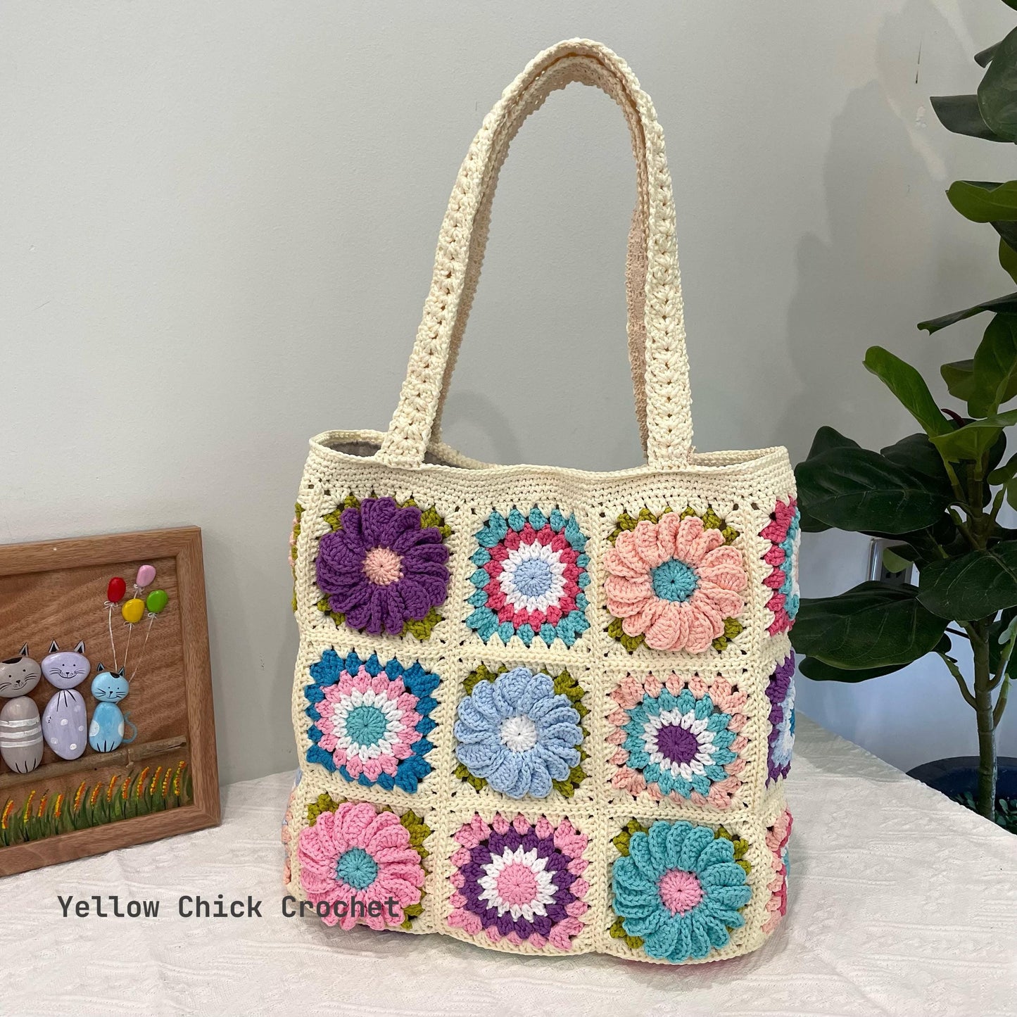 Floral Crochet Granny Square Tote,Unique Bloom Flower Bag,Handmade Tote Bag, Mother Day gift, Easter Gift, Travel Bag, Spring Accessory