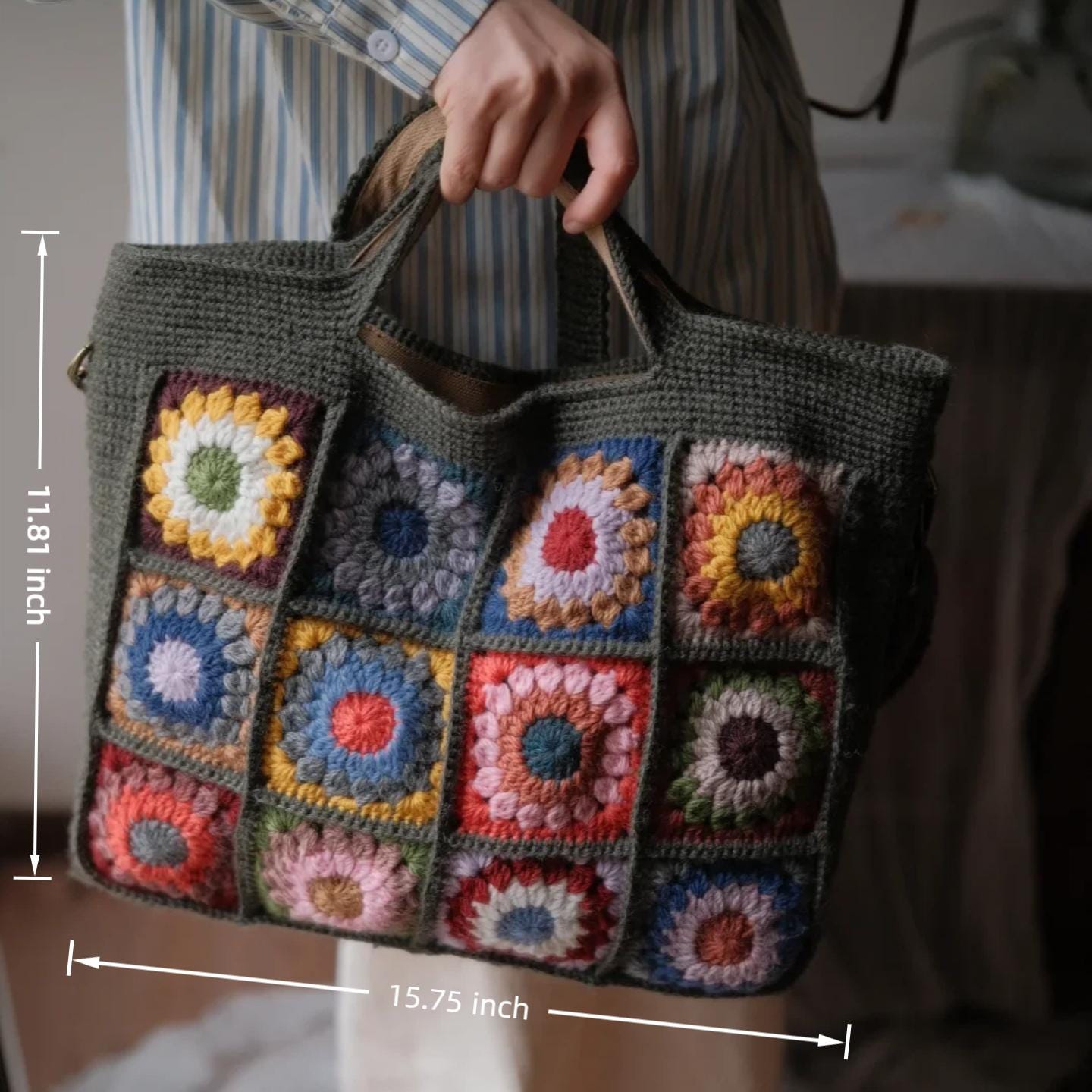 Boho Chic Crochet Bag, Handmade Wool Blend Tote, 3D Flower Granny Square Shoulder Bag, Durable YKK Zipper, Artisan Knit Purse, Gift for her