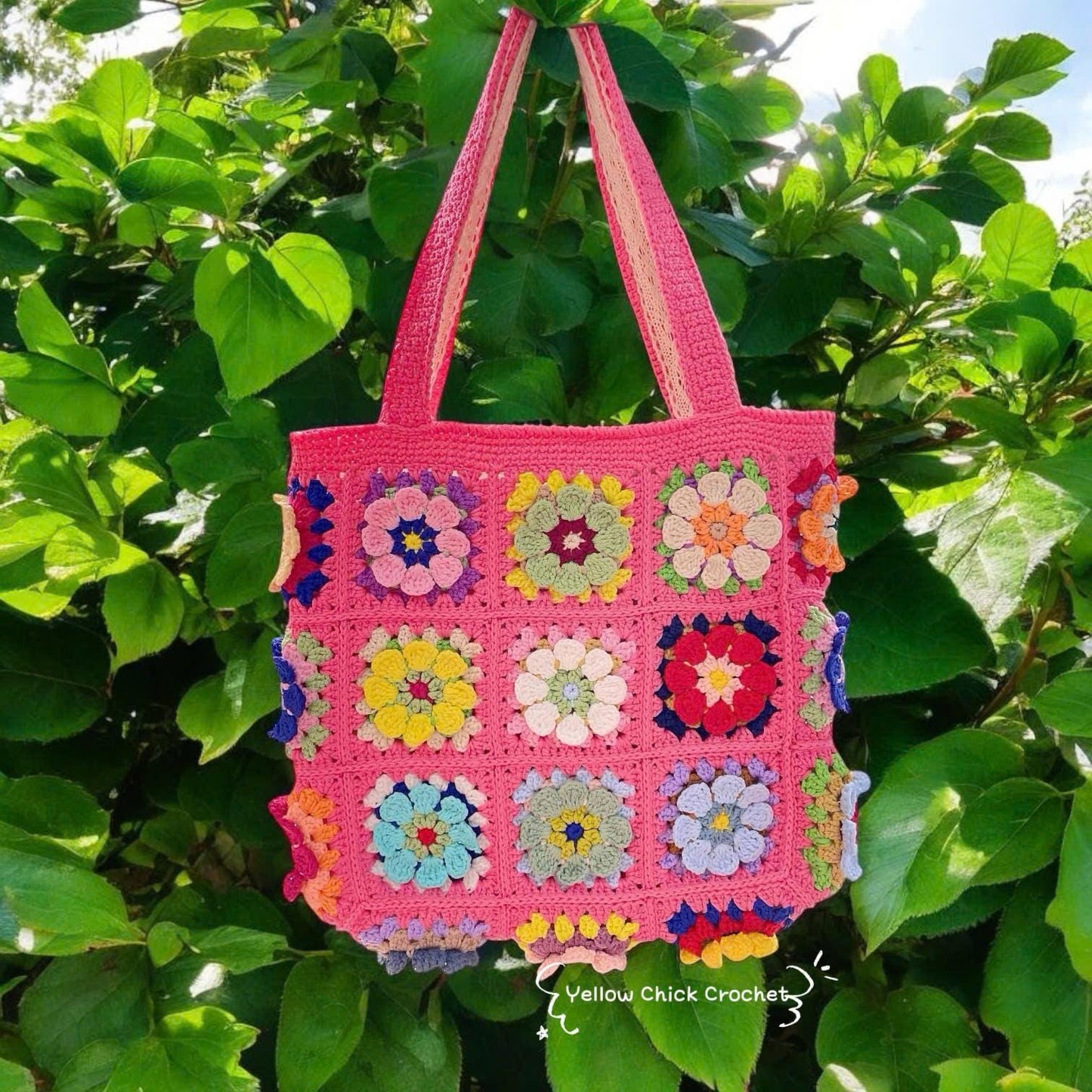 Flower Tote bag, Floral bag, Crochet Granny square bag, handmade shoulder bag, pink flower summer beach bag, mother's day gift, easter gift