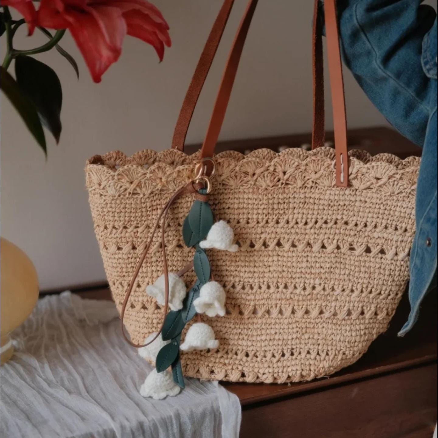 Handmade Raffia Tote Bag with Leather Lily of the Valley Charm Set, Crochet Beach Bag with Lining, Boho Purse Gift for Her