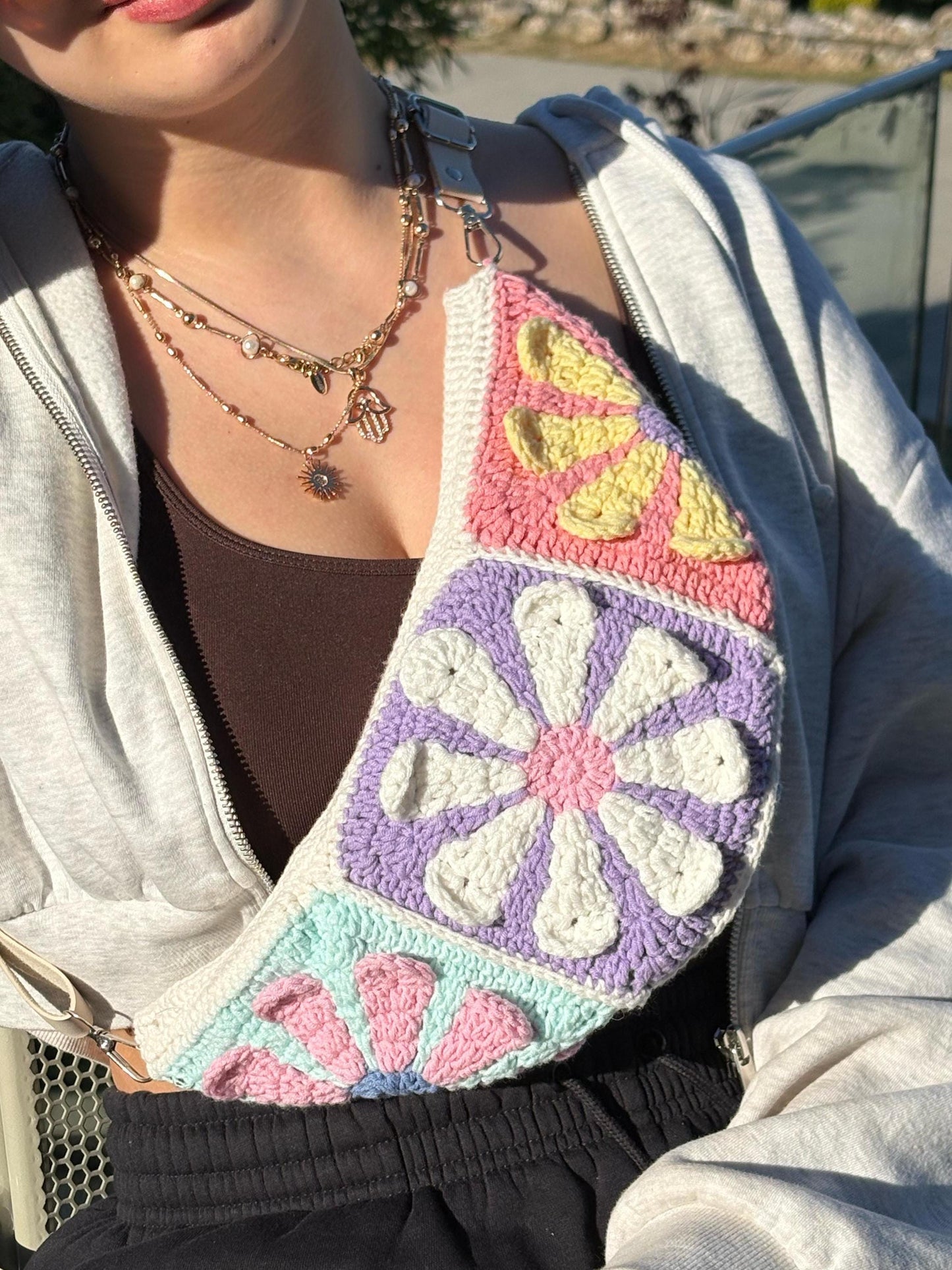 Crochet Granny Square Crossbody Bag: Bohemian Cotton Blend Bum Bag, Aesthetic Spring Style