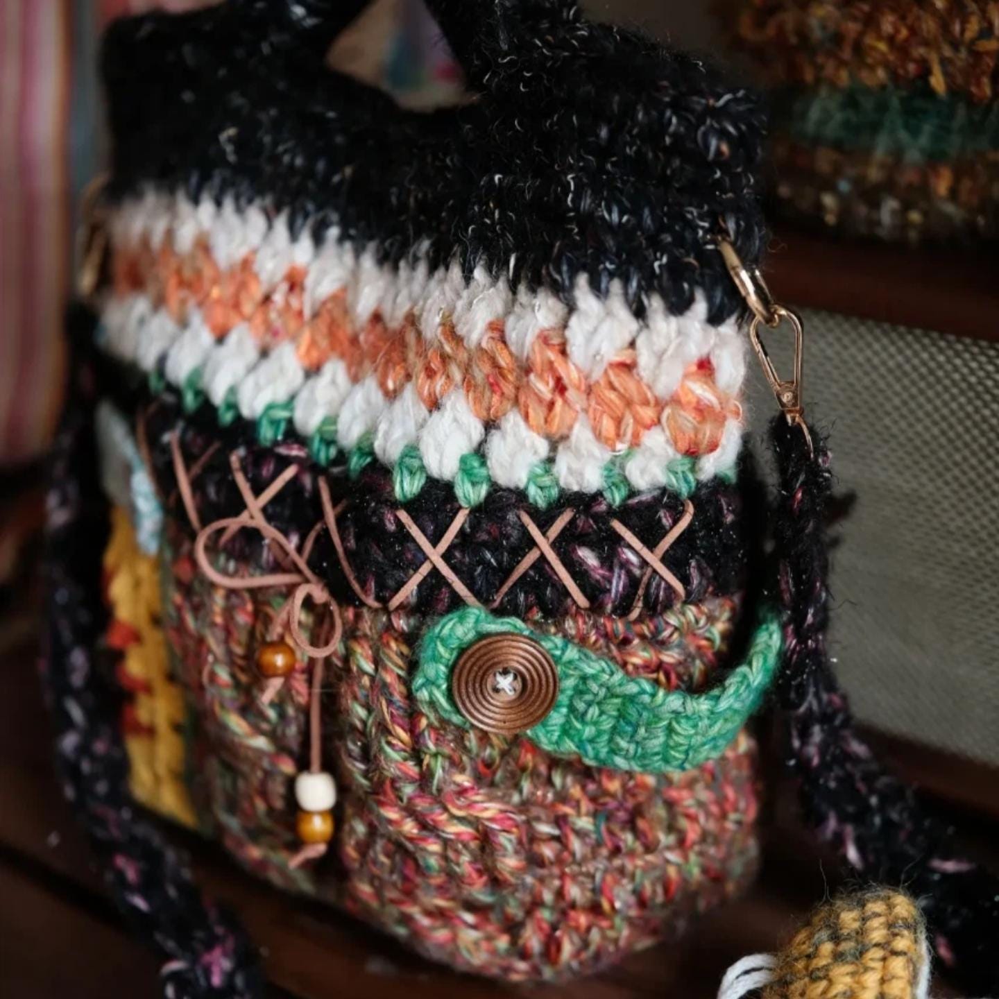 Handmade Crochet Tote Bag, "Wanderer's Soul" Mixed Yarn Bag, Lined Crochet Tote with Granny Square, Leather Button Detail, Boho Travel Purse