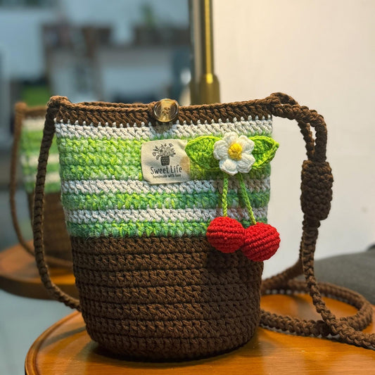 Handmade Crochet Tote Bag, Woodland Cherry Shoulder Bag, Handbag Gift for Her